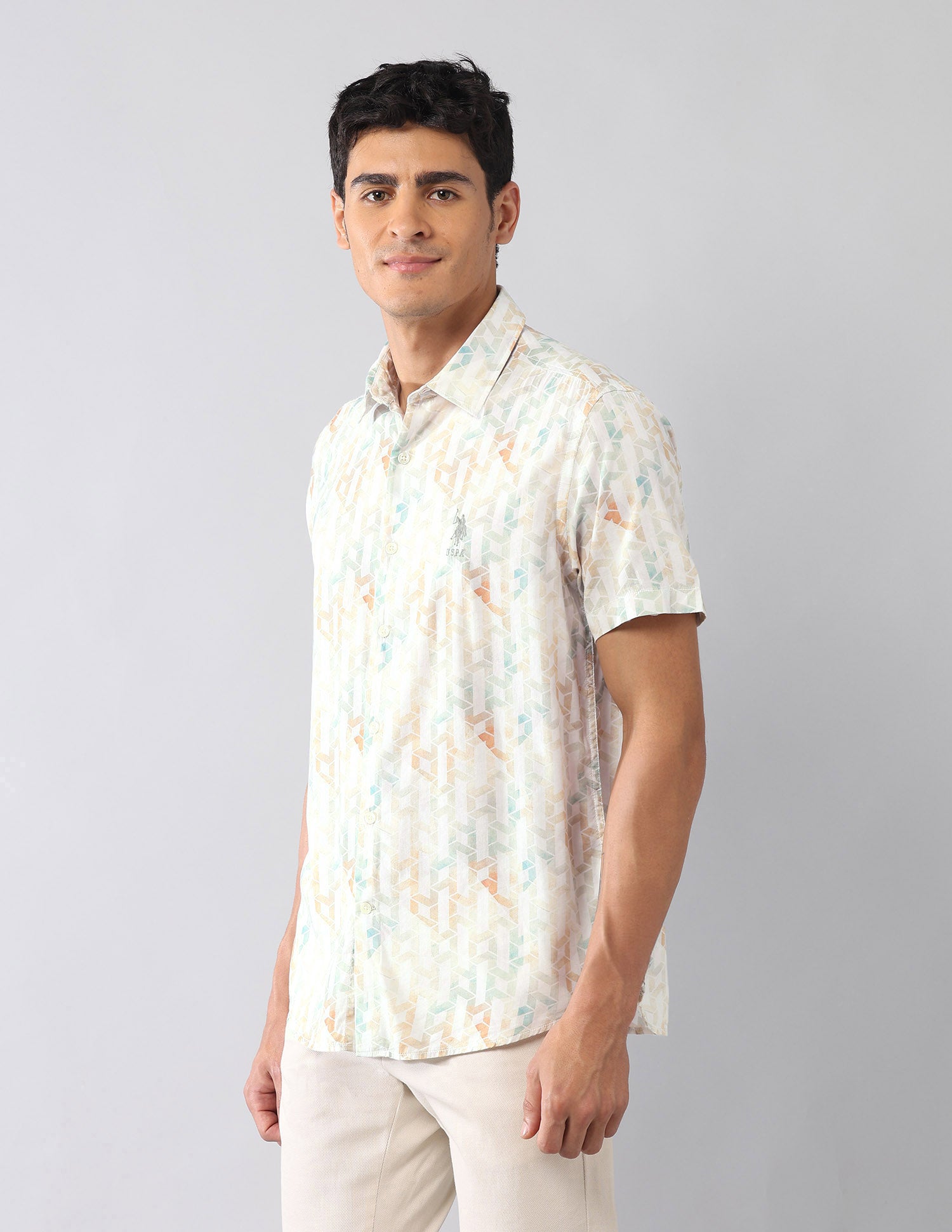 Geometric Printed Satin Regular Fit Shirt Light Green - U.S. Polo Assn. India | Large
