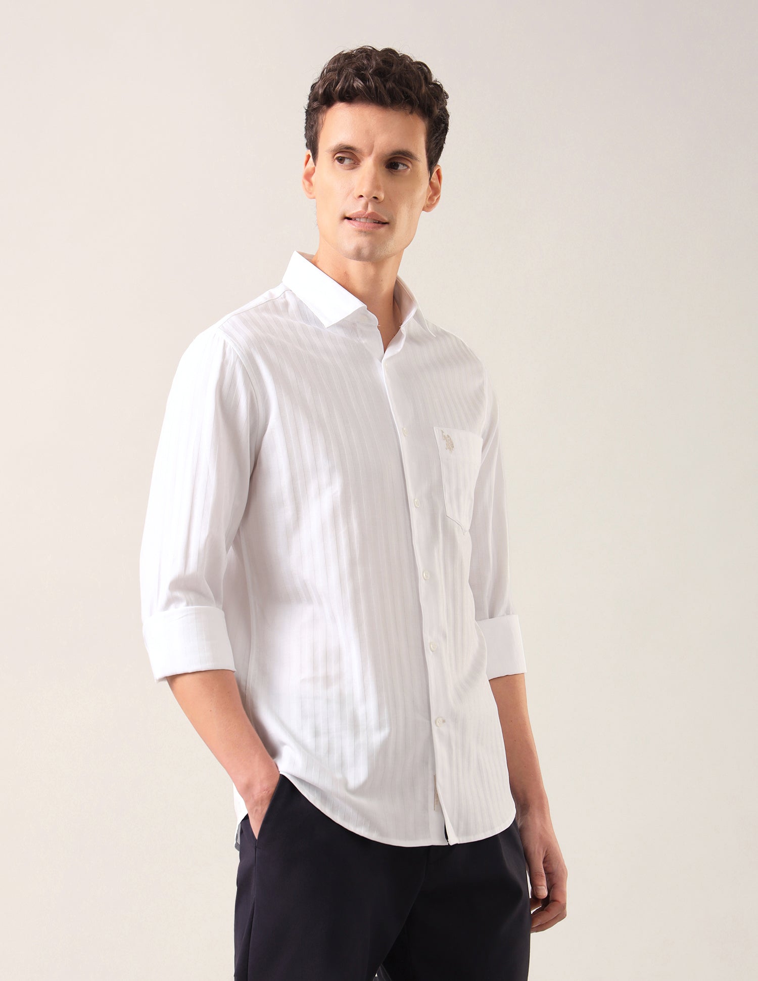 Self Design Vertical Striped Tailored Fit Shirt White - U.S. Polo Assn. India | Large