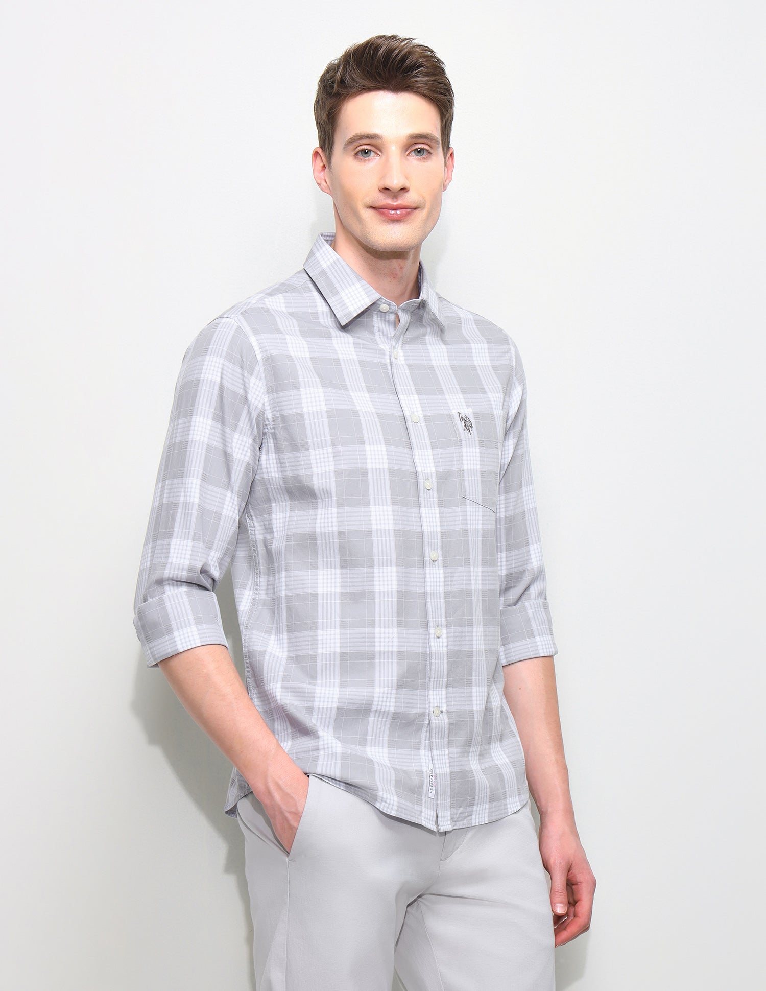 Twill Regular Fit Grid Tattersall Checked Shirt Light Grey - U.S. Polo Assn. India | Large