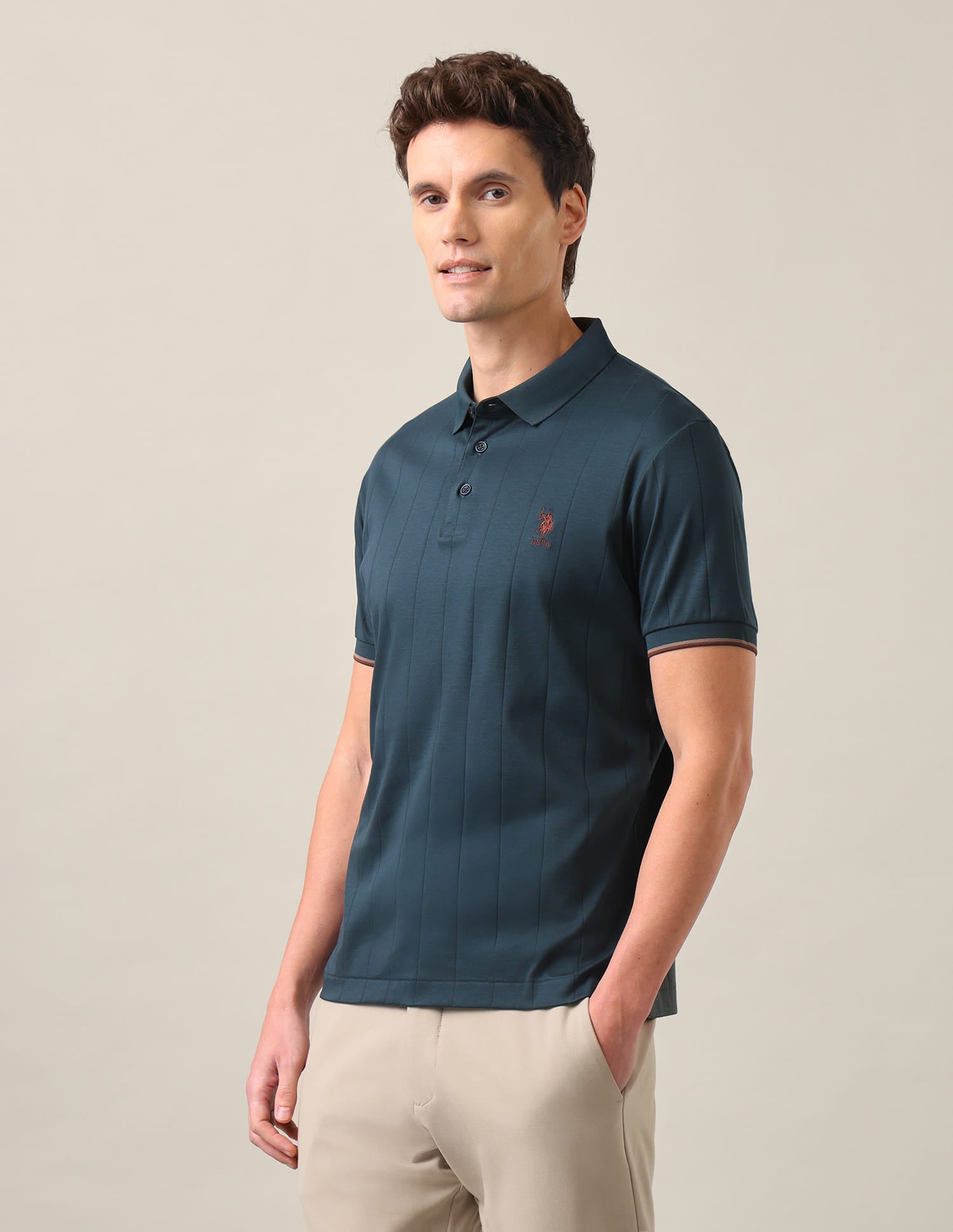Vertical Striped Slim Fit Polo Shirt Teal - U.S. Polo Assn. India | Large