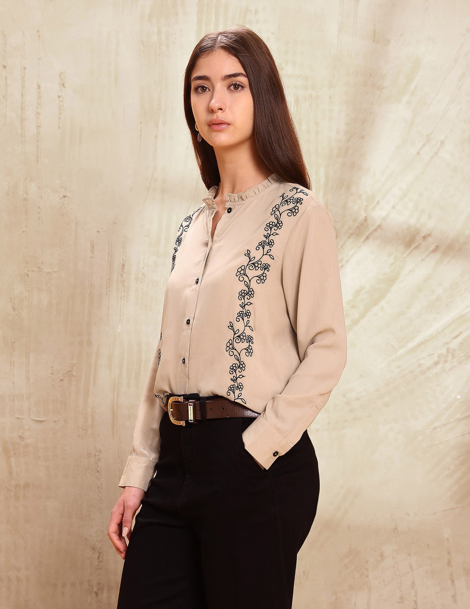 Floral Embroidered Ruffle Top Beige - U.S. POLO ASSN. | Large