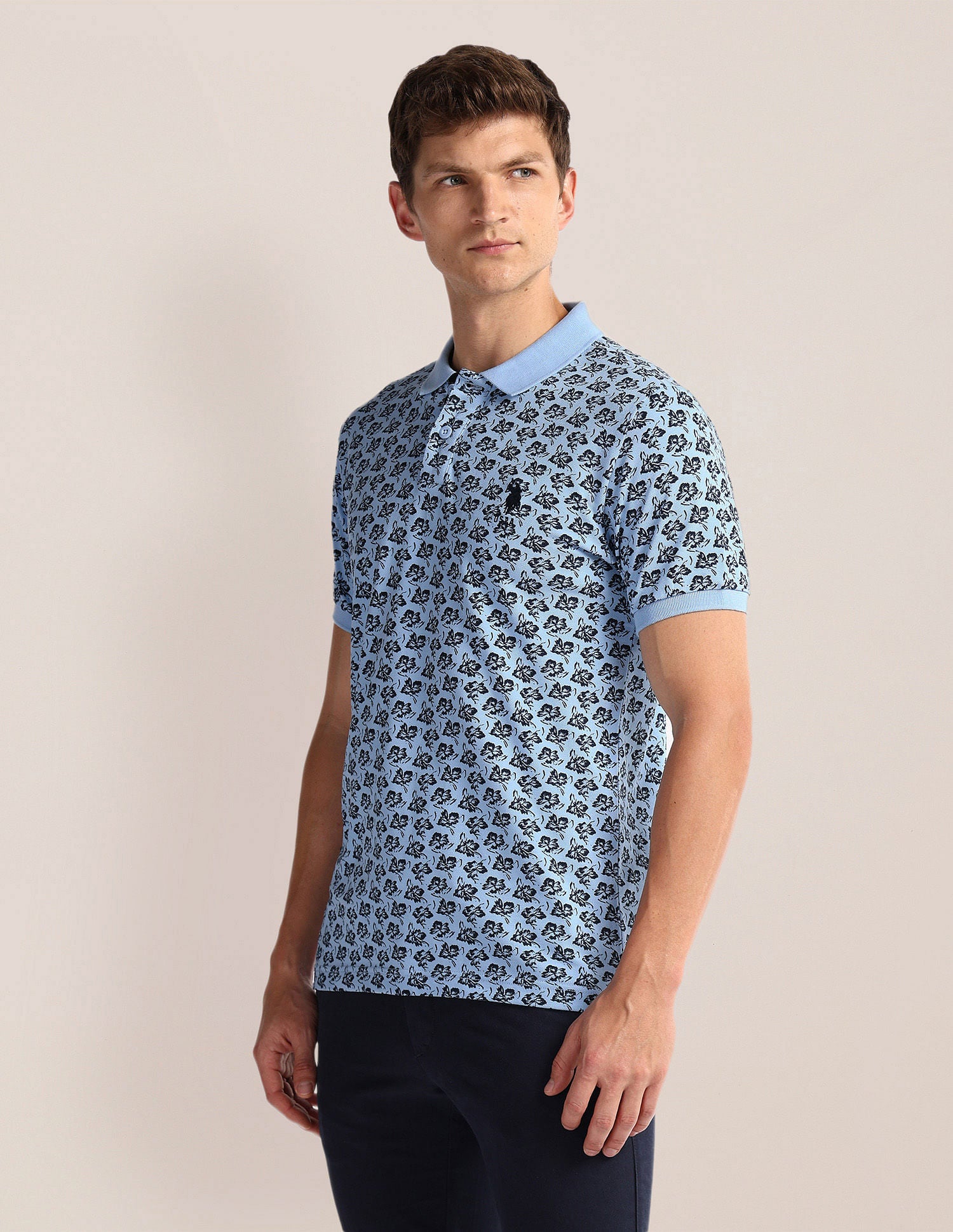 Pure Cotton Floral Polo Shirt Blue and Black - U.S. POLO ASSN. | Large