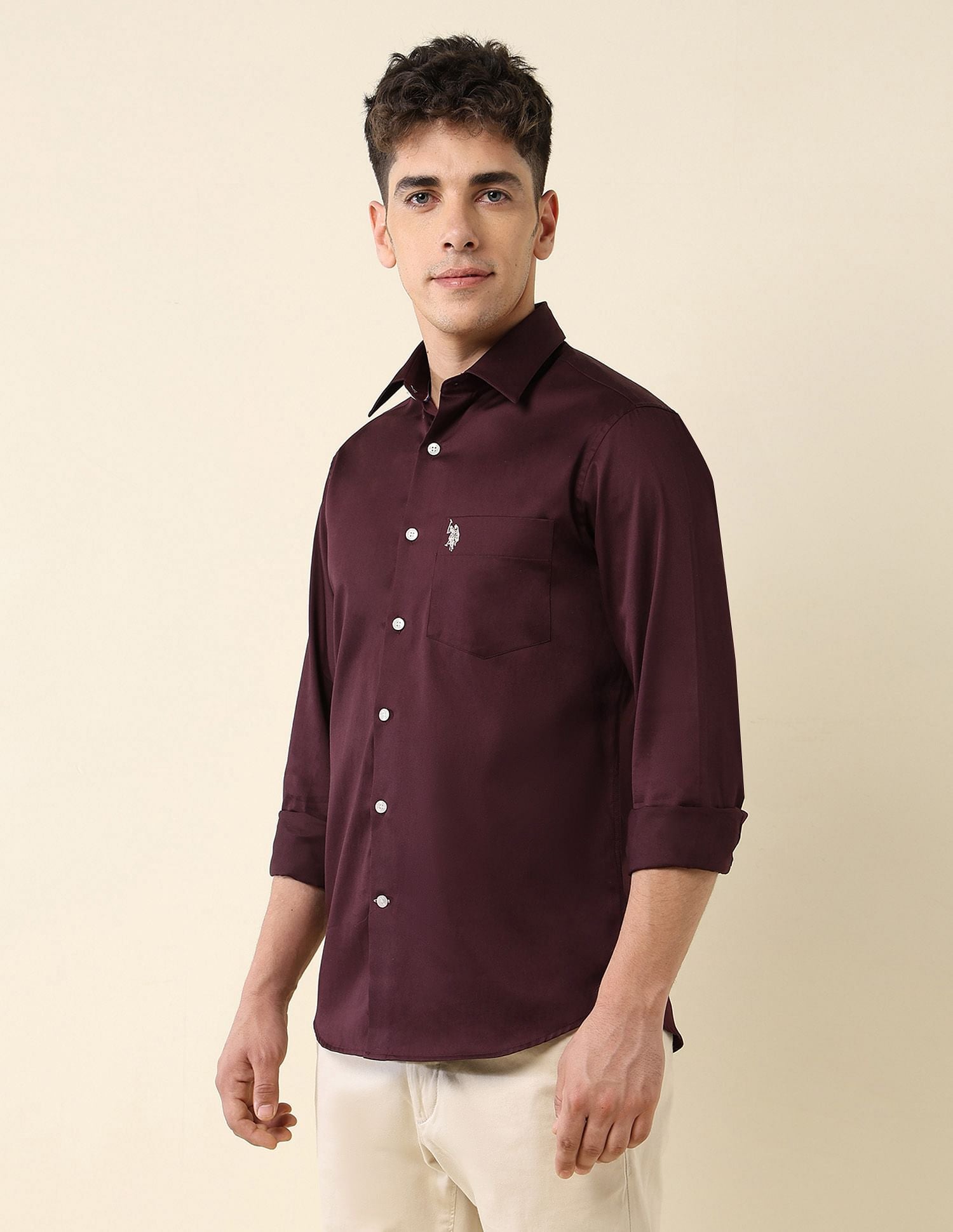 Tailored Fit Satin Shirt Maroon - U.S. Polo Assn. India | Large