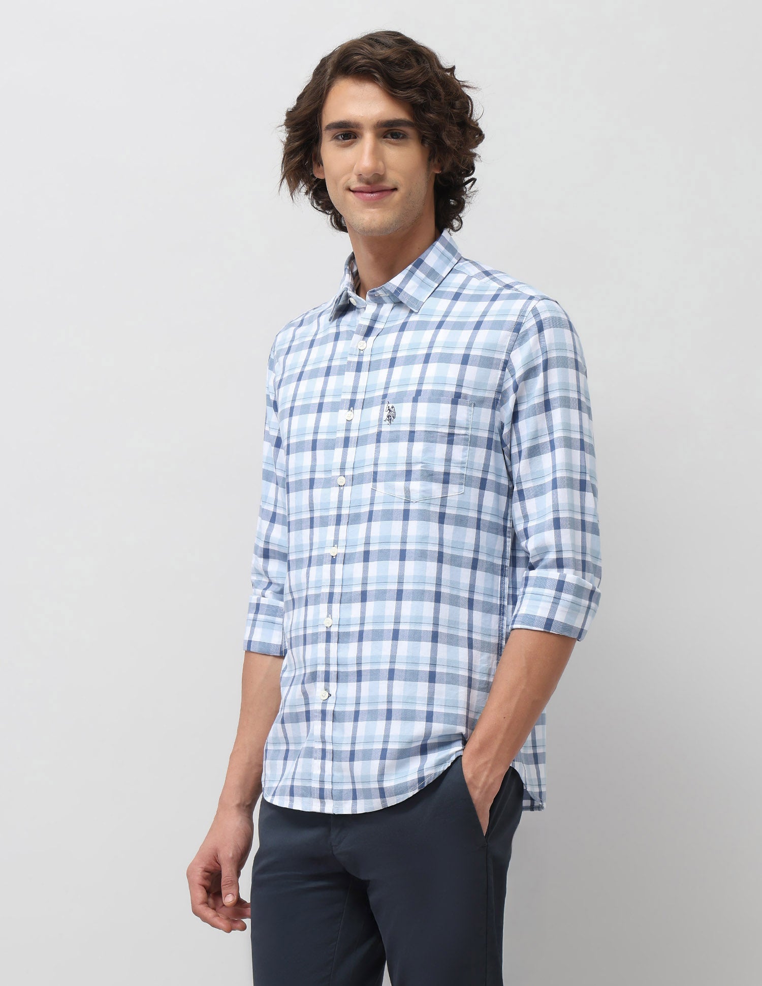 Grid Tattersall Checked Tailored Fit Shirt Dark Blue - U.S. POLO ASSN. | Large