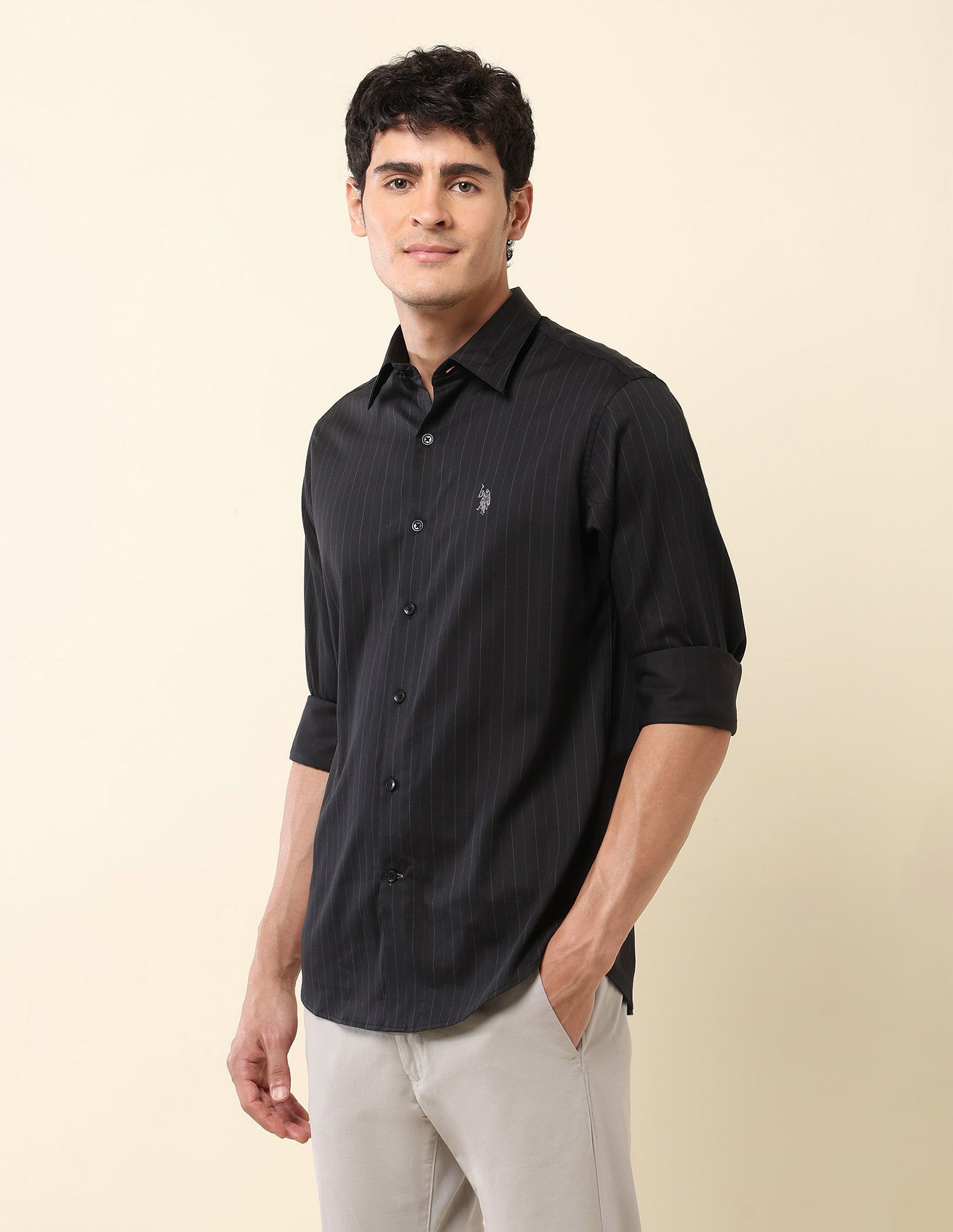 Pinstriped Tailored Fit Shirt Black - U.S. Polo Assn. India | Large