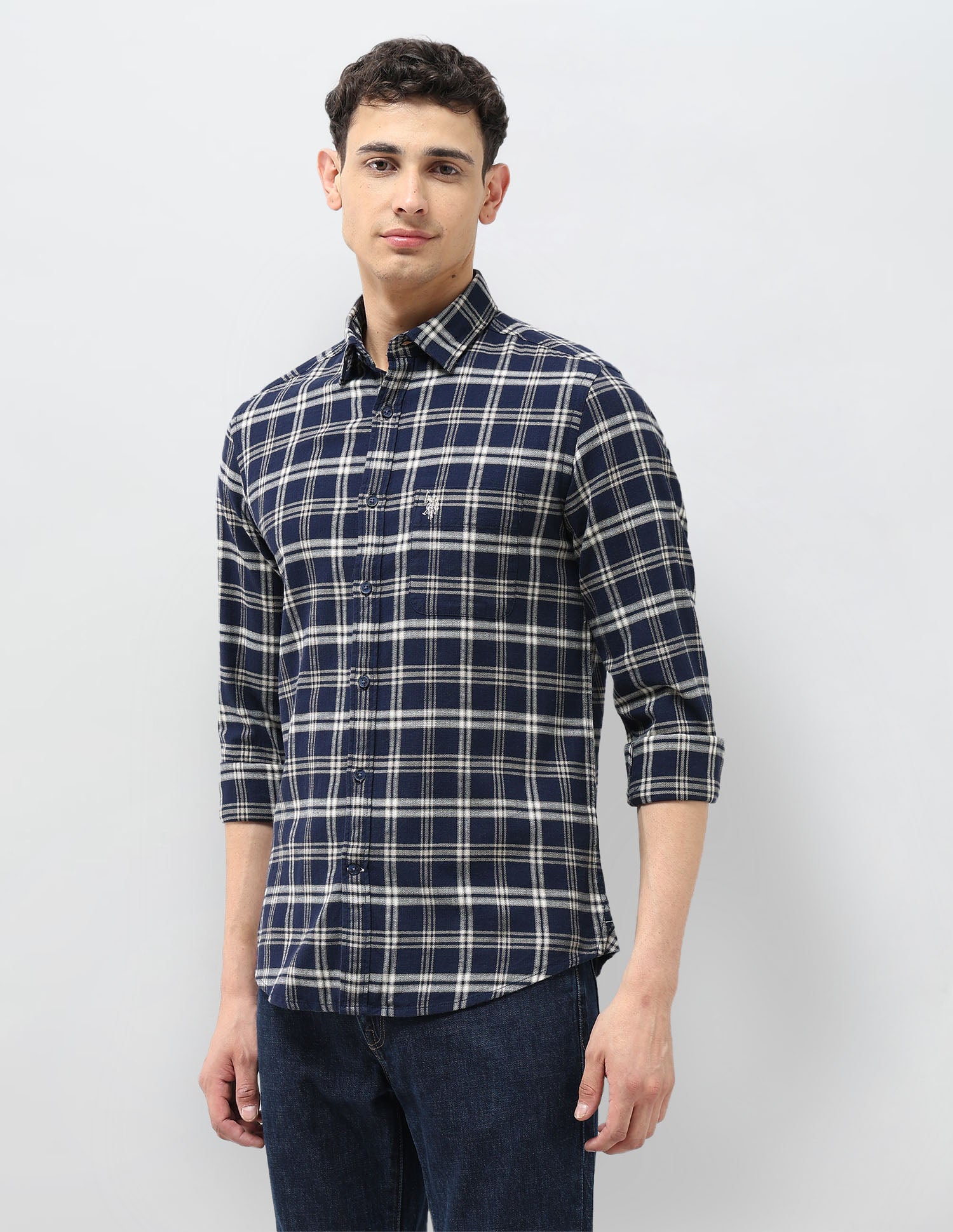 Tartan Checked Herringbone Shirt Navy - U.S. POLO ASSN. | Large