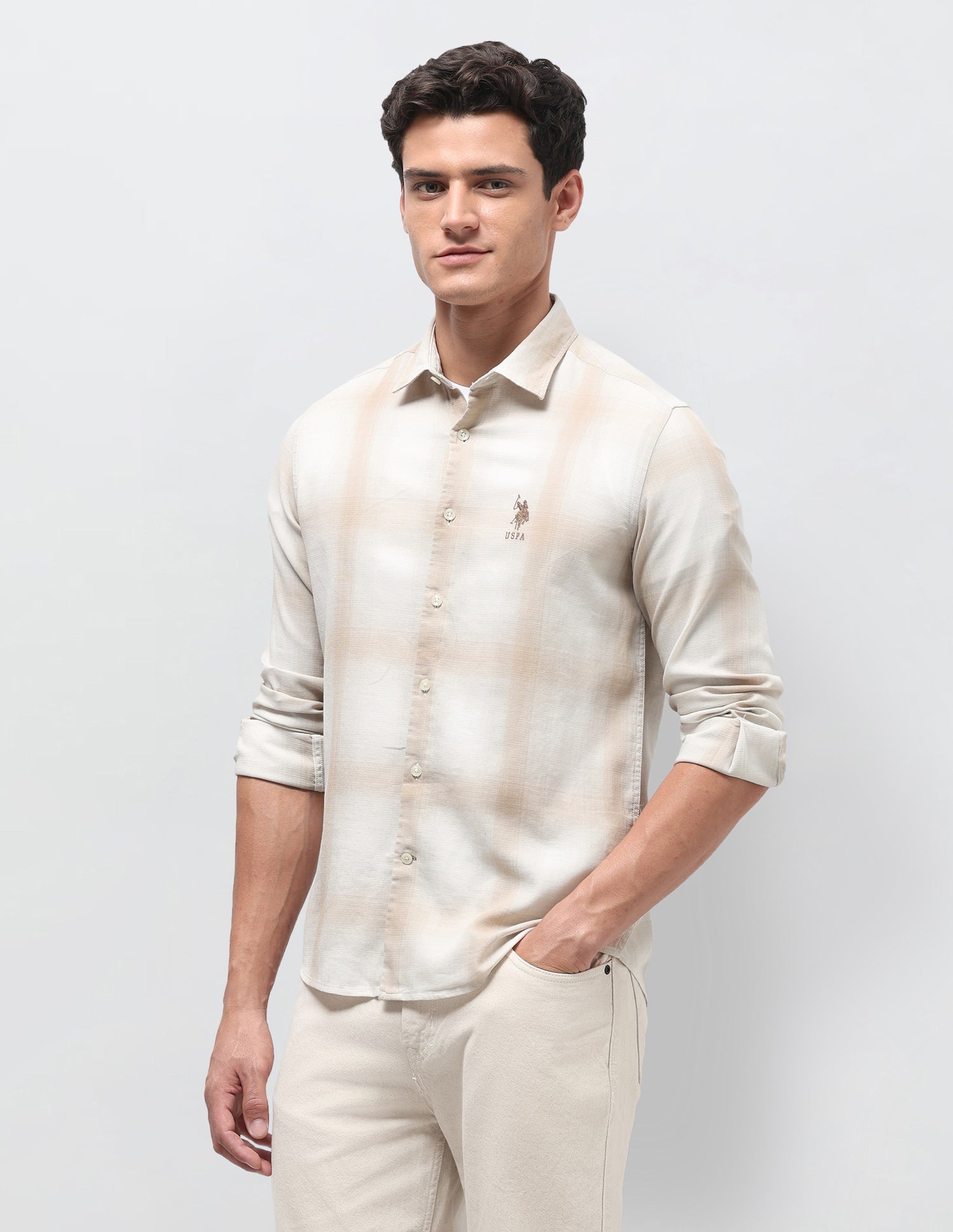 Dobby Regular Fit Shirt Khaki - U.S. Polo Assn. India | Large