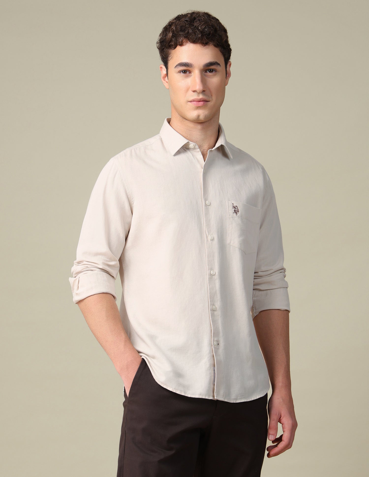 Solid Tailored Fit Shirt Beige - U.S. Polo Assn. India | Large