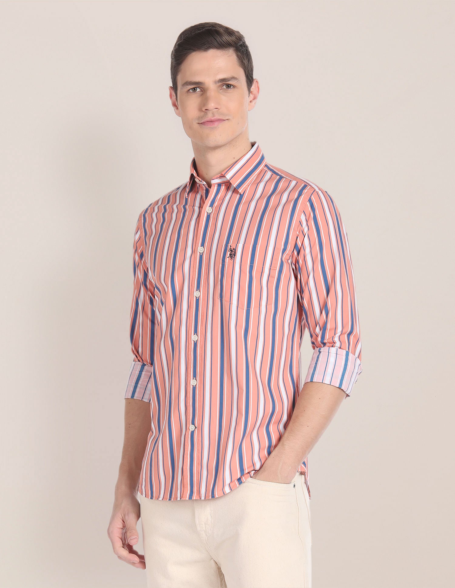 Vertical Stripe Cotton Shirt Orange - U.S. Polo Assn. India | Large