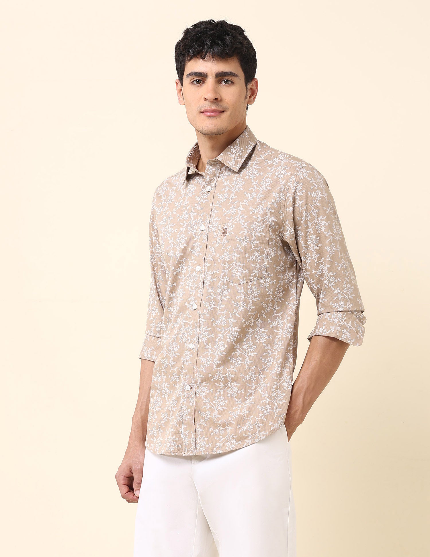 Pure Cotton Floral Printed Shirt Khaki - U.S. Polo Assn. India | Large