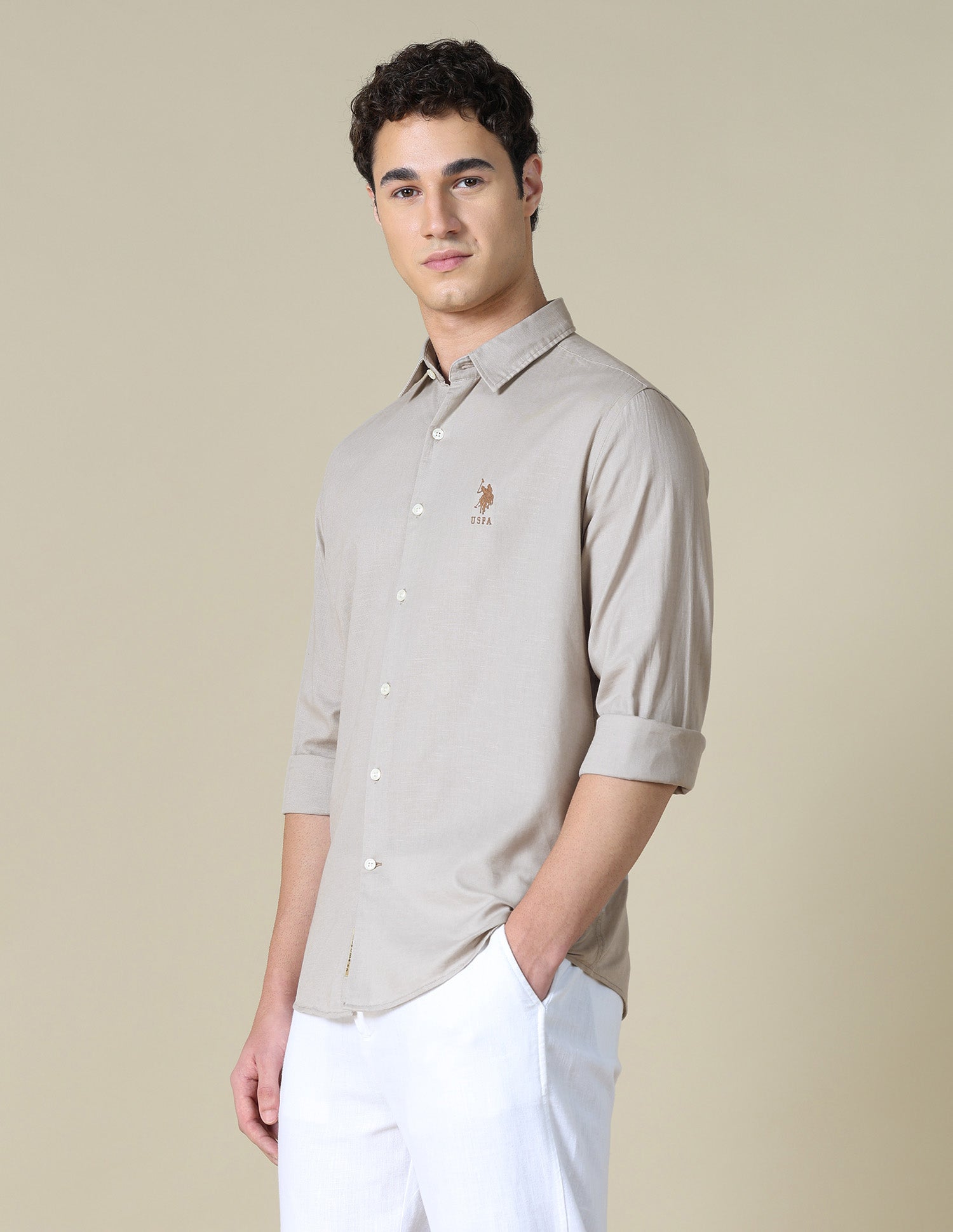 Solid Regular Fit Shirt Beige - U.S. Polo Assn. India | Large