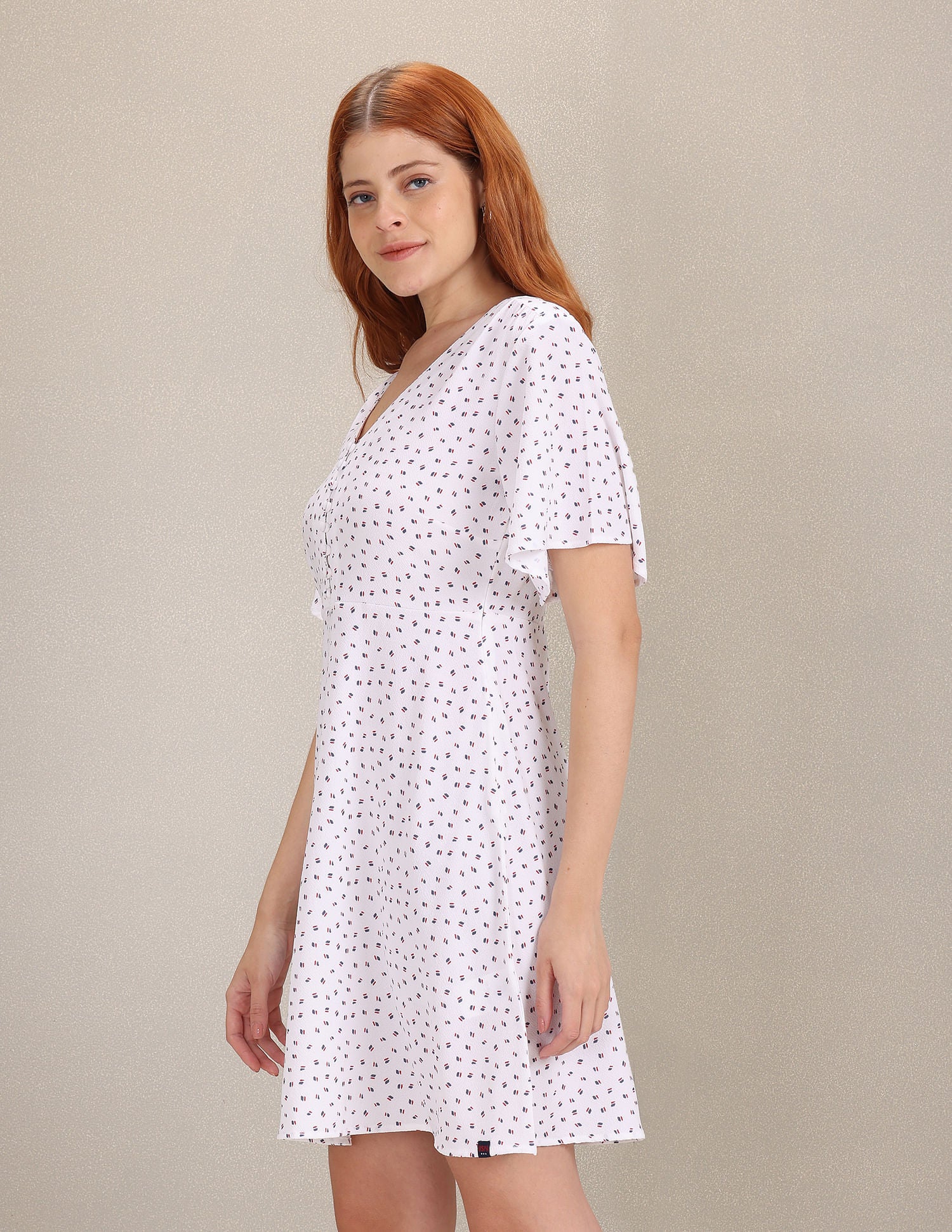 Flutter Sleeve All Over Print A-line Dress White - U.S. Polo Assn. India | Large