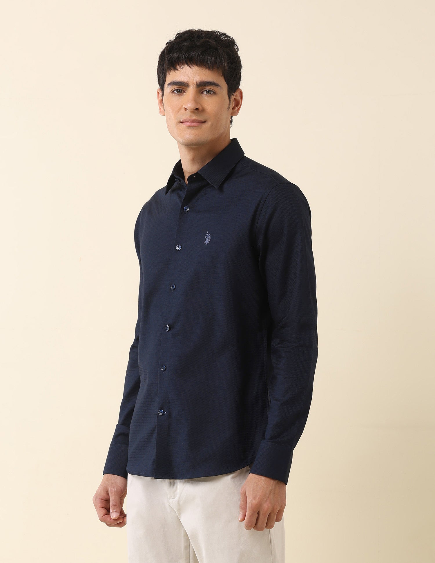 Tailored Fit Solid Pure Cotton Shirt Navy - U.S. Polo Assn. India | Large