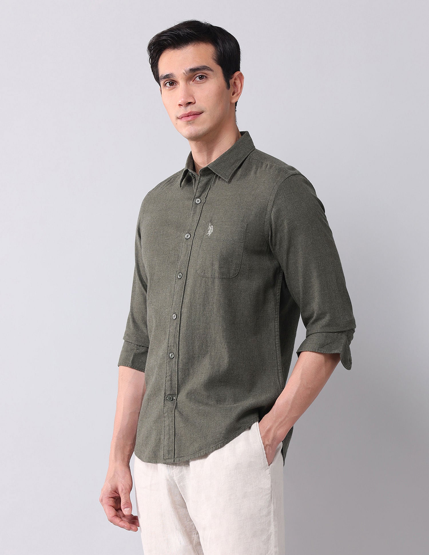 Regular Fit Twill Solid Shirt Olive - U.S. POLO ASSN. | Large