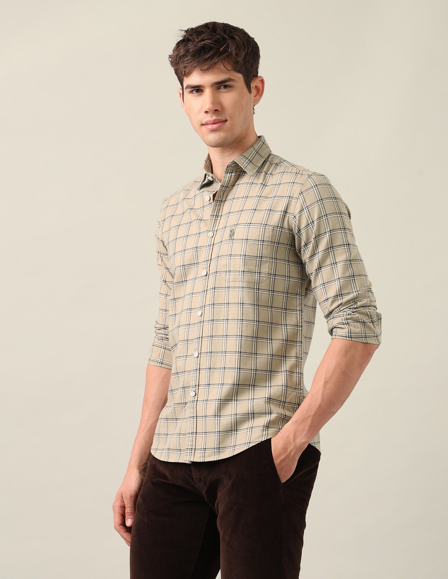 Grid Tattersall Checked Twill Shirt Beige - U.S. Polo Assn. India | Large