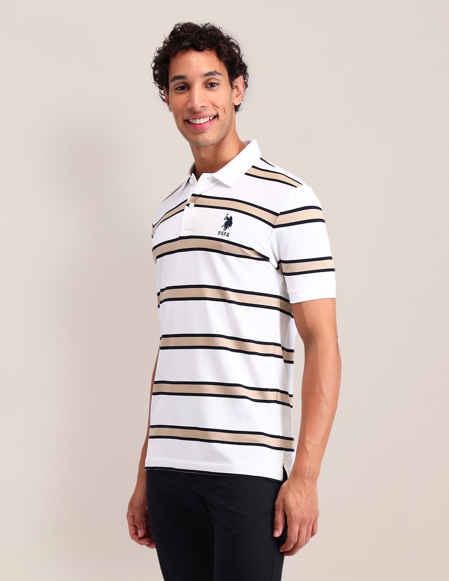 Horizontal Striped Slim Fit Polo Shirt White - U.S. Polo Assn. India | Large