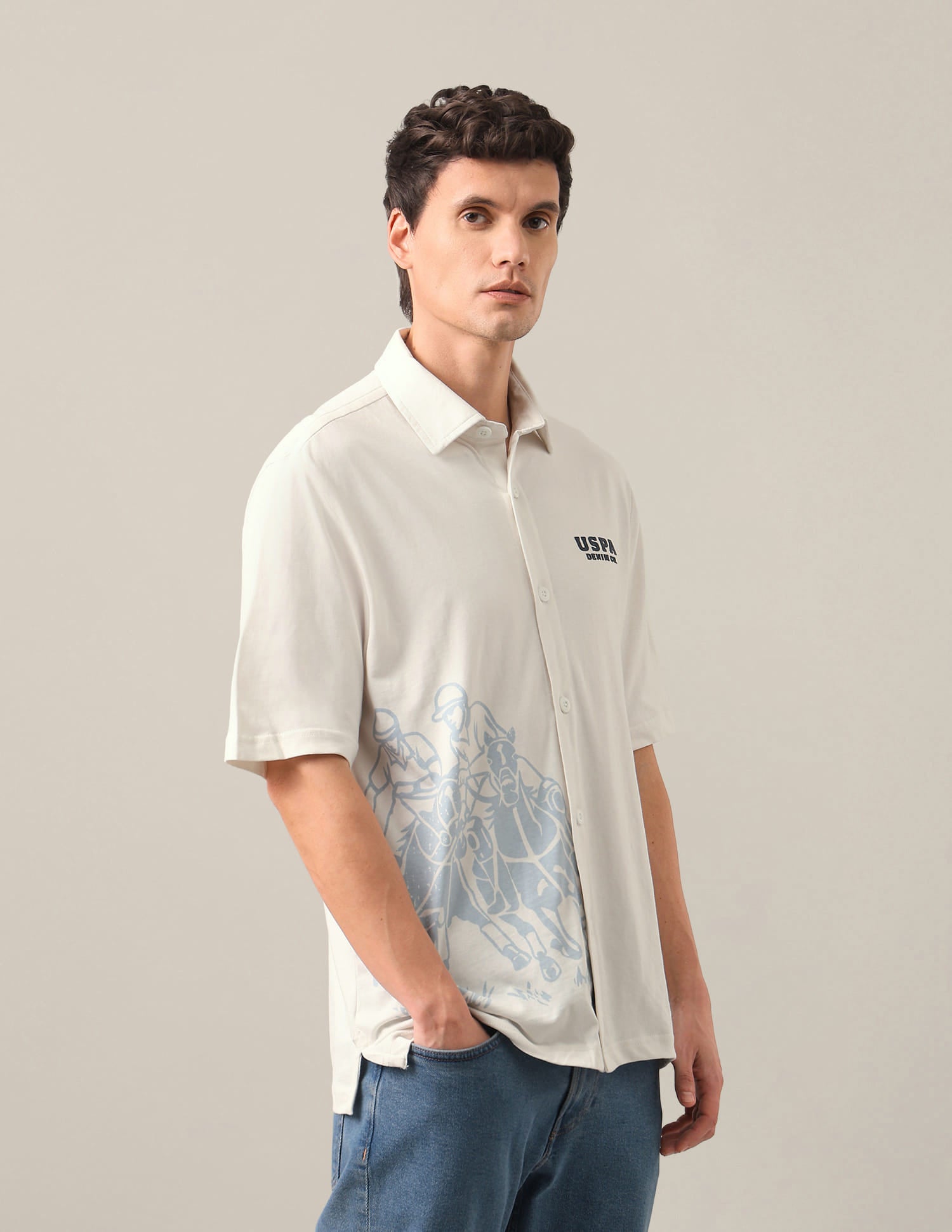 Graphic Brand Printed Slim Fit Polo Shirt White - U.S. Polo Assn. India | Large