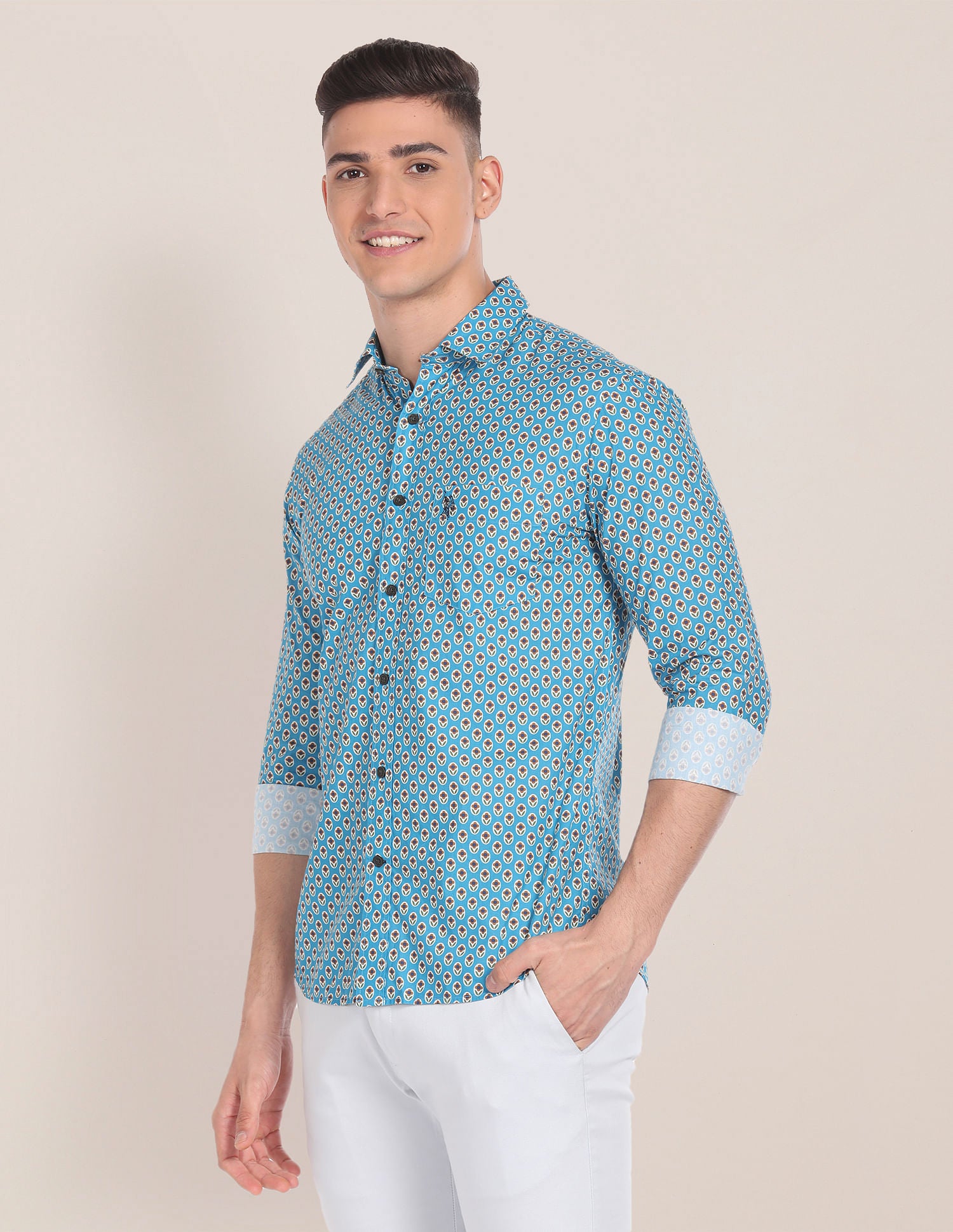 Floral Print Cotton Shirt Light Teal - U.S. Polo Assn. India | Large