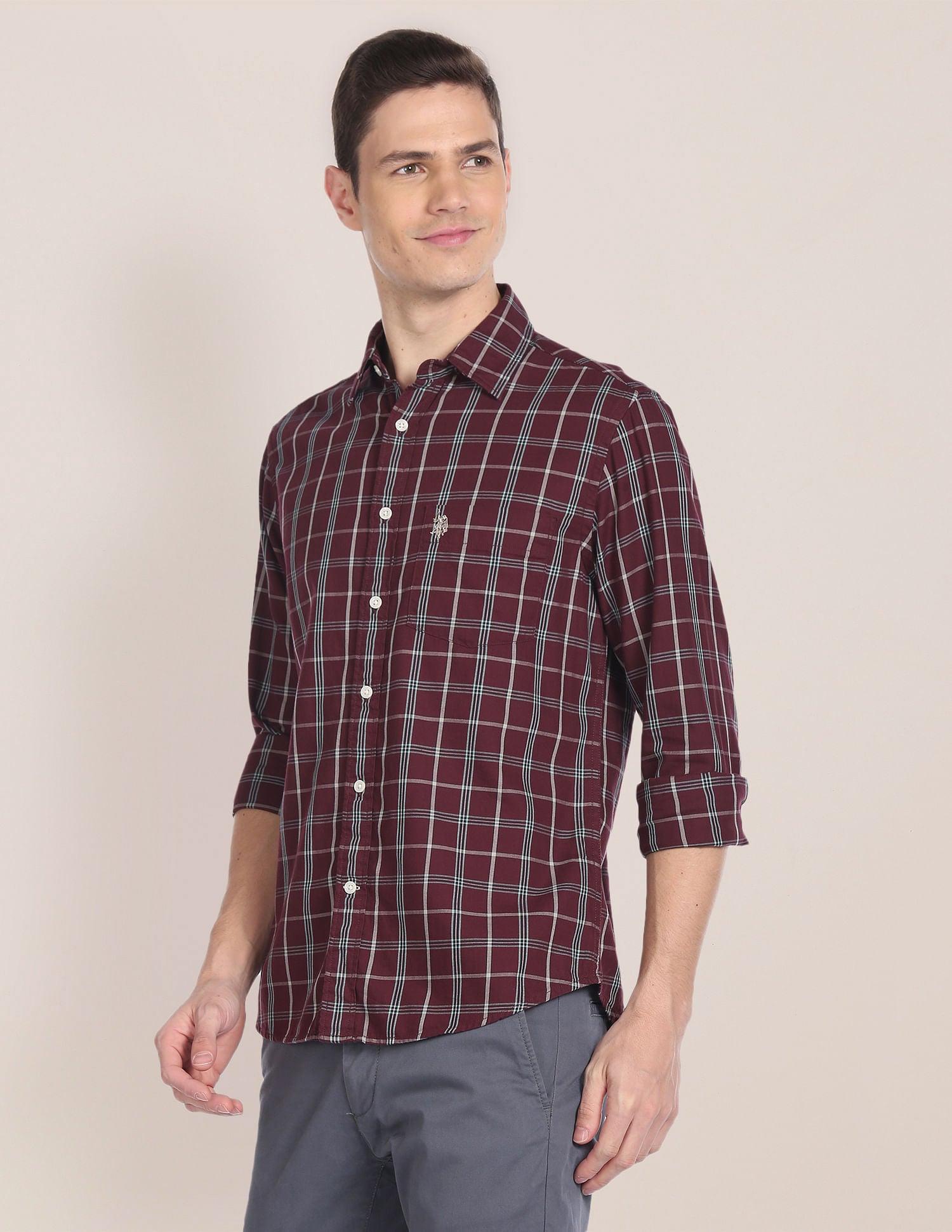 Spread Collar Tartan Check Shirt Maroon - U.S. Polo Assn. India | Large