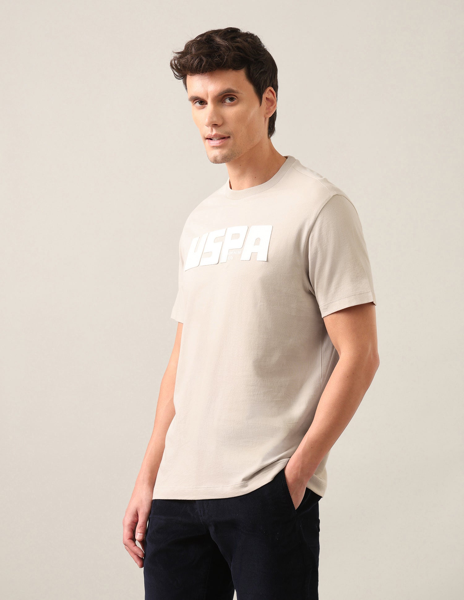 Brand Embossed Regular Fit T-Shirt Beige - U.S. Polo Assn. India | Large