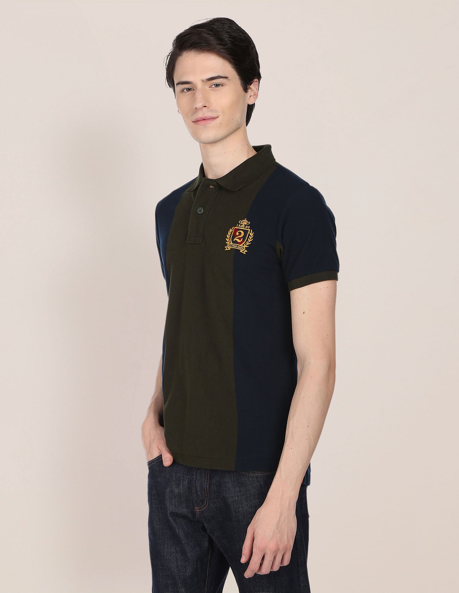 Vertical Stripe Crest Embroidered Polo Shirt Olive and Navy - U.S. Polo Assn. India | Large