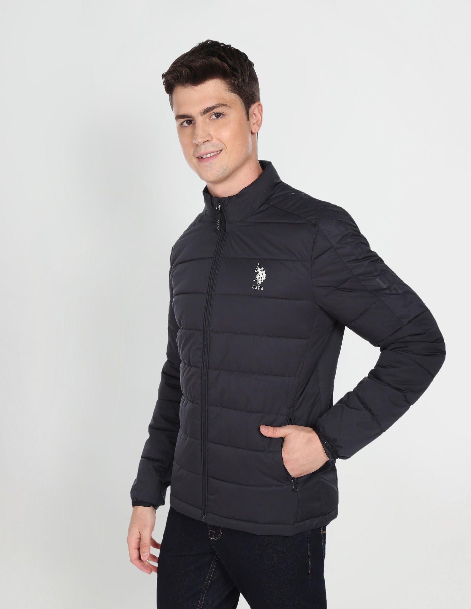 High Neck Solid Quilted Jacket Navy - U.S. Polo Assn. India | Large