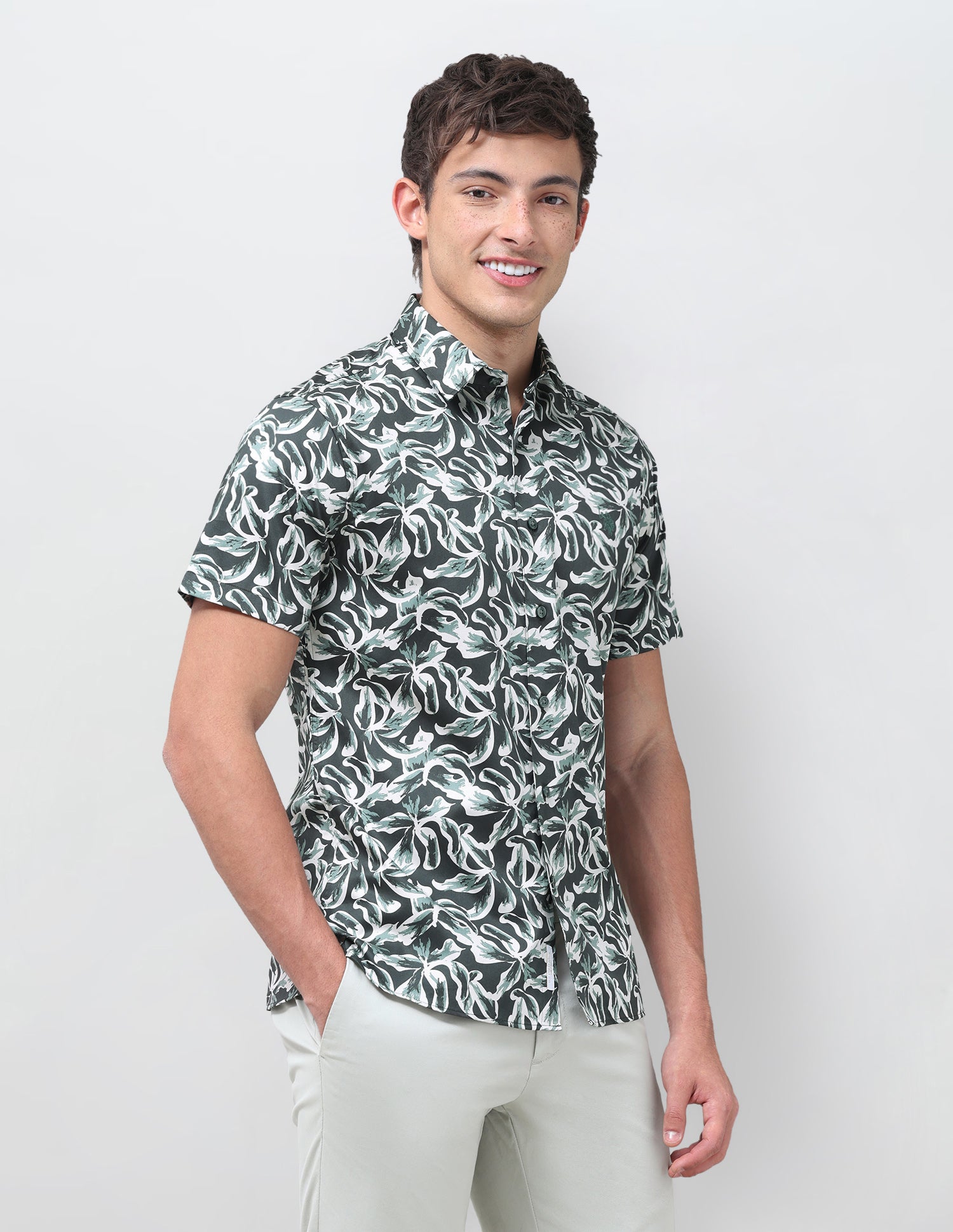 Floral Printed Satin Shirt Olive - U.S. Polo Assn. India | Large