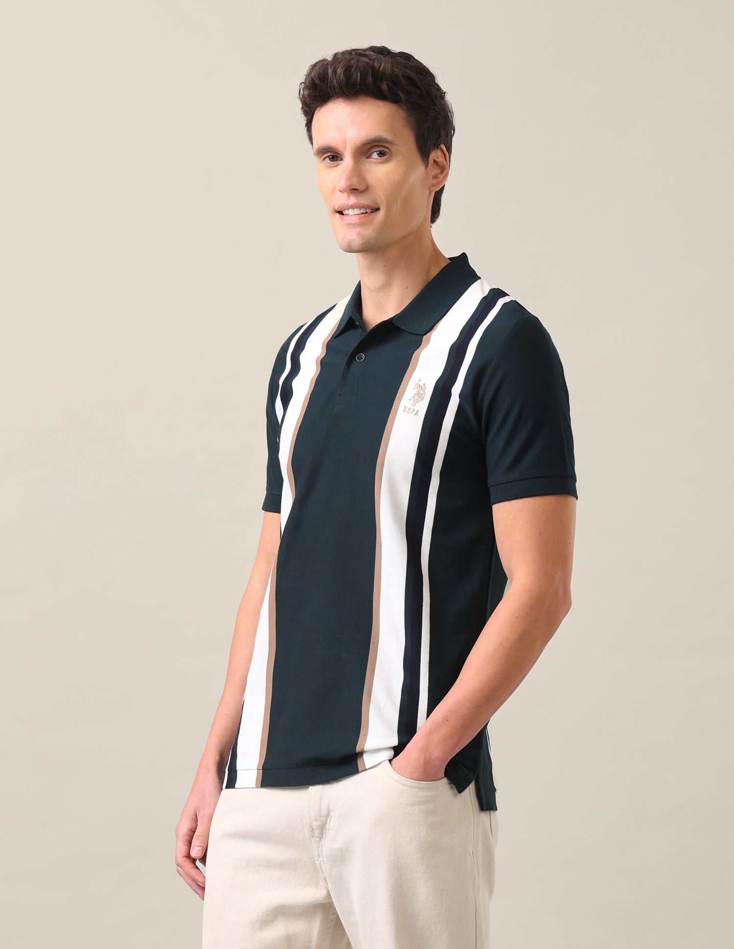Vertical Striped Slim Fit Polo Shirt Dark Green - U.S. Polo Assn. India | Large