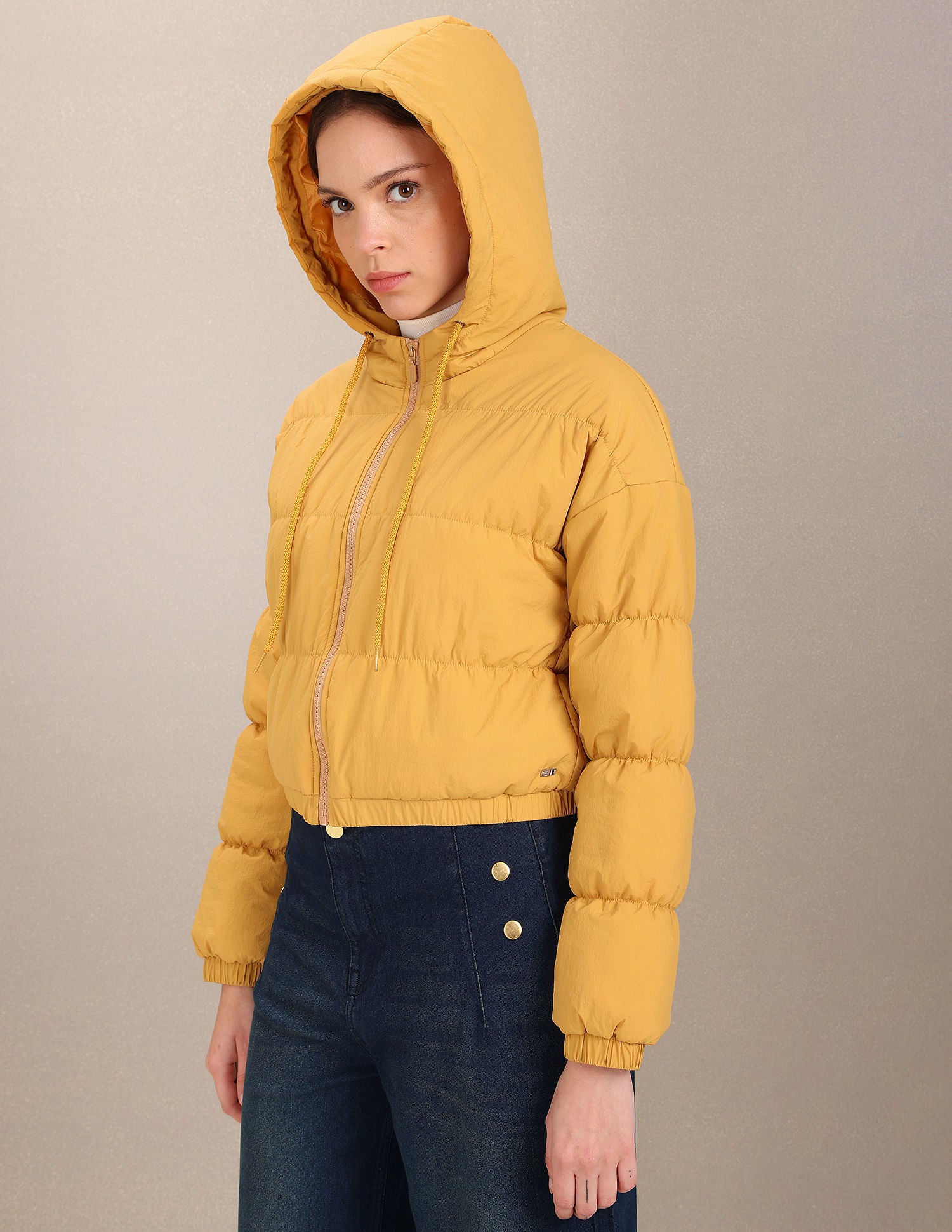 Hooded Solid Crop Padded Jacket Mustard - U.S. POLO ASSN. | Large