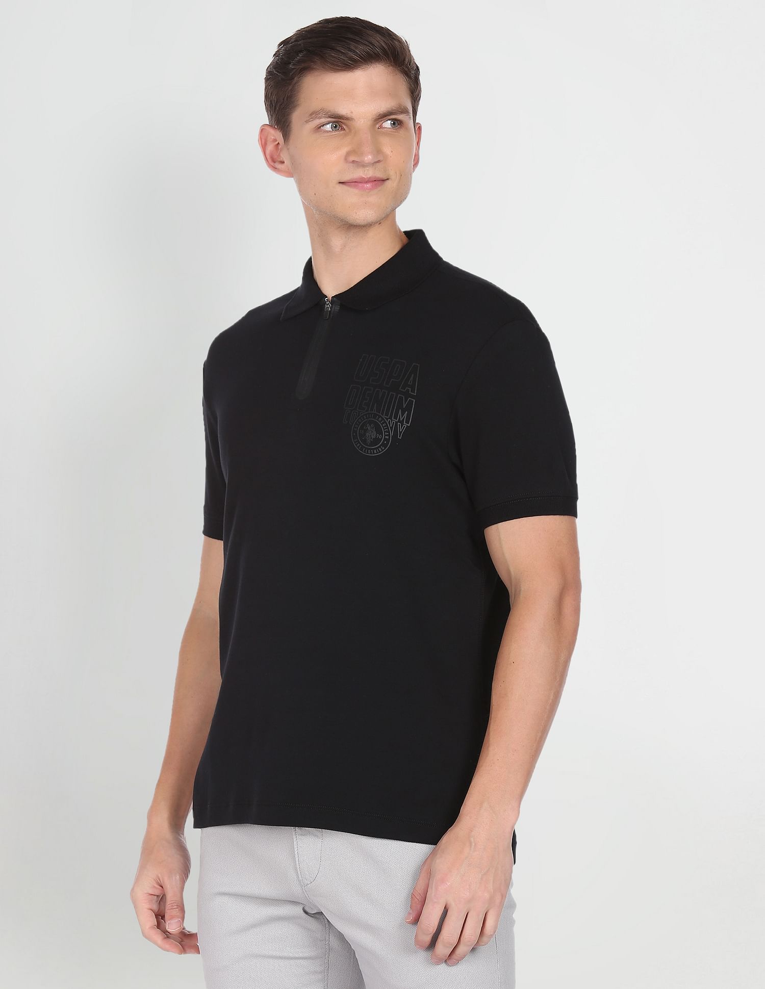 Brand Print Cotton Polo Shirt Black - U.S. POLO ASSN. | Large