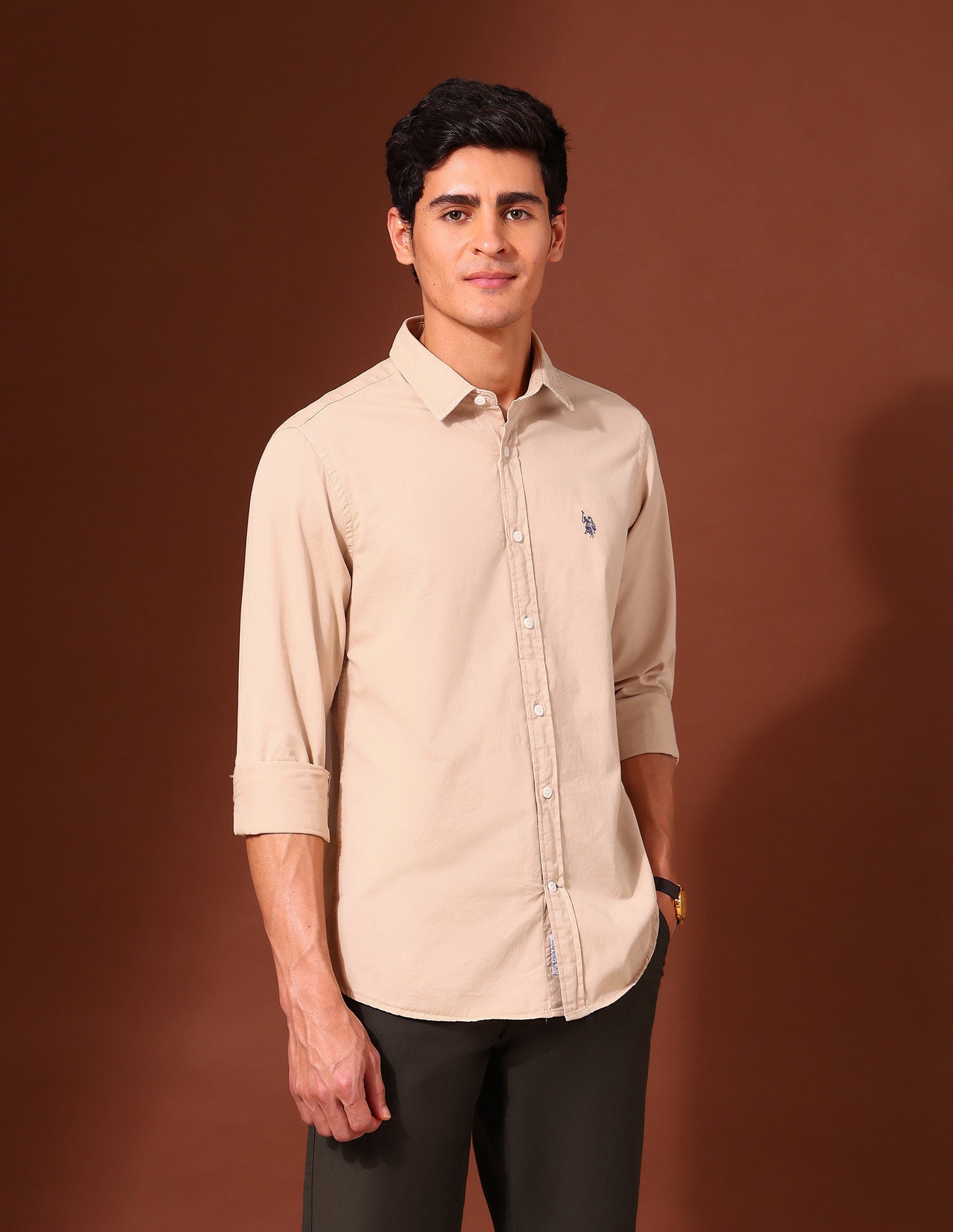 Pure Cotton Regular Fit Twill Shirt Beige - U.S. Polo Assn. India | Large