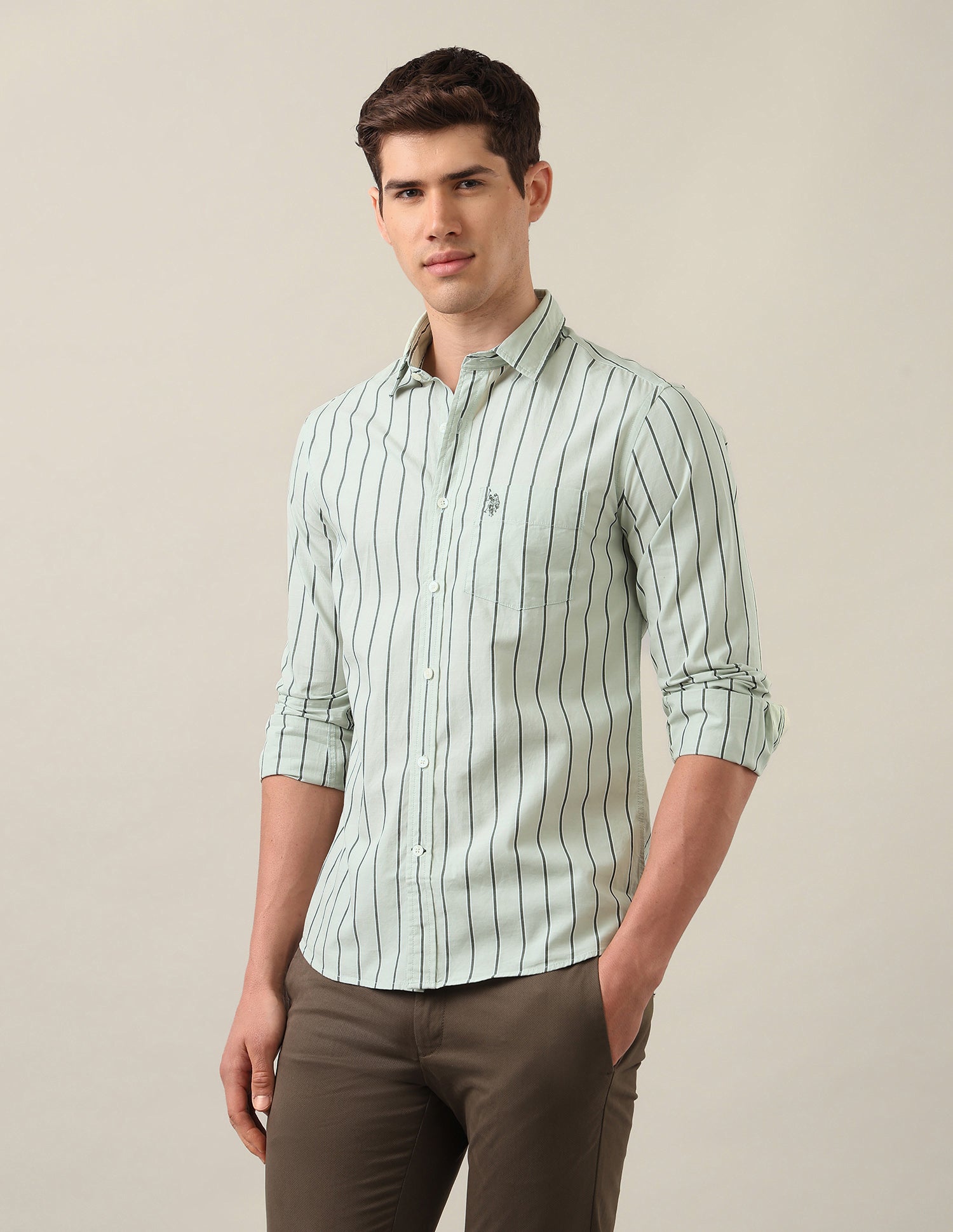 Tailored Fit Vertical Striped Shirt Green - U.S. Polo Assn. India | Large
