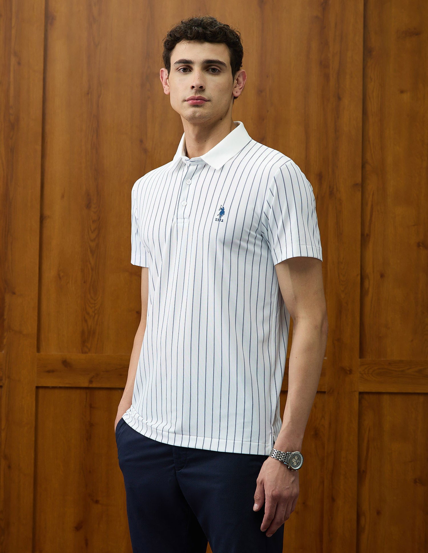 Vertical Striped Varsity Theatre Polo Shirt White - U.S. POLO ASSN. | Large