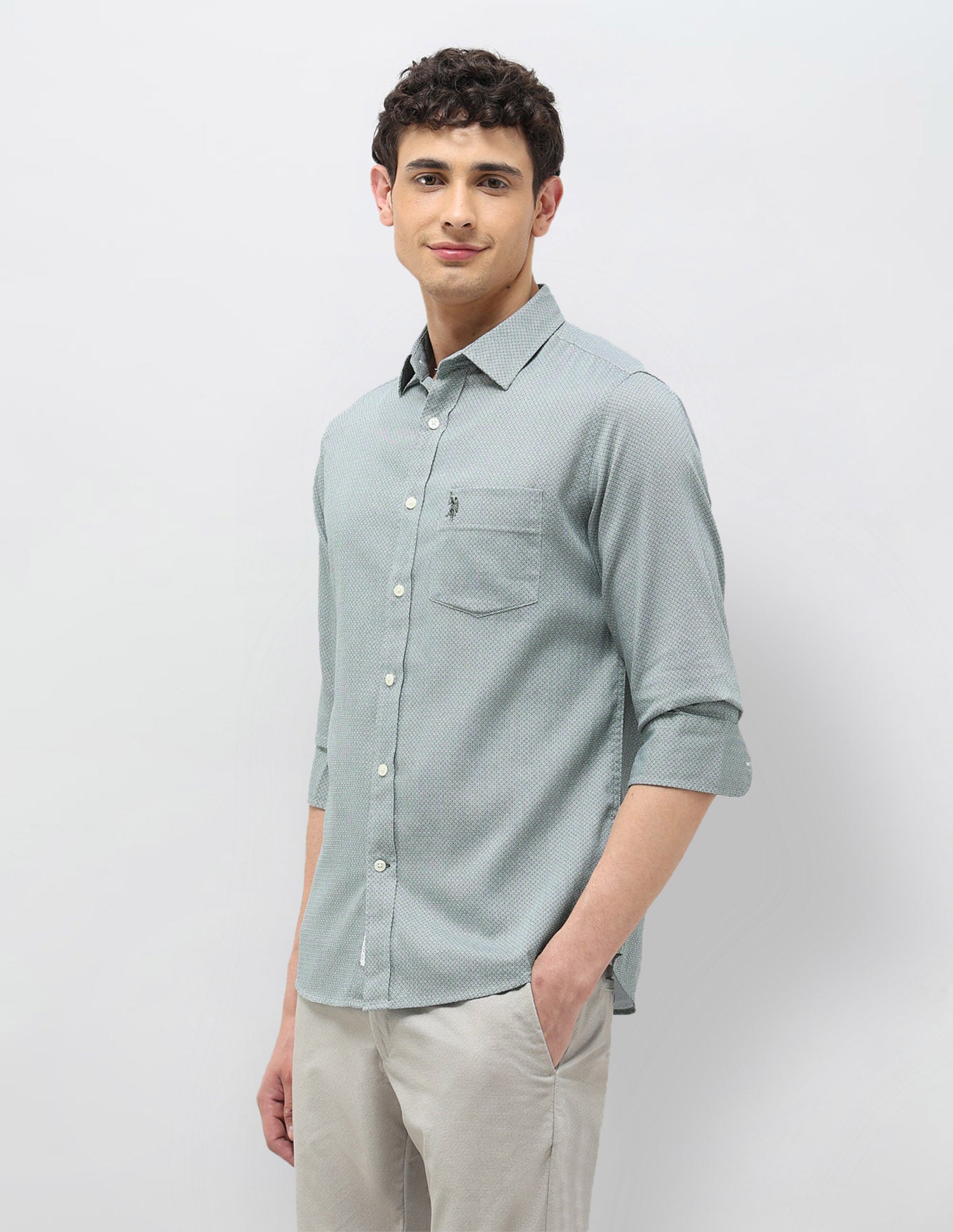All Over Printed Tailored Fit Shirt Olive - U.S. Polo Assn. India | Large