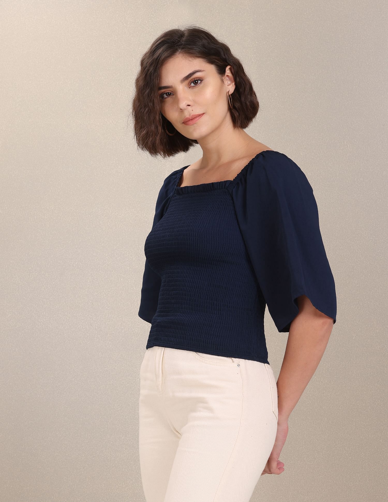 Bell Sleeve Smocked Bodice Solid Top Navy - U.S. Polo Assn. India | Large