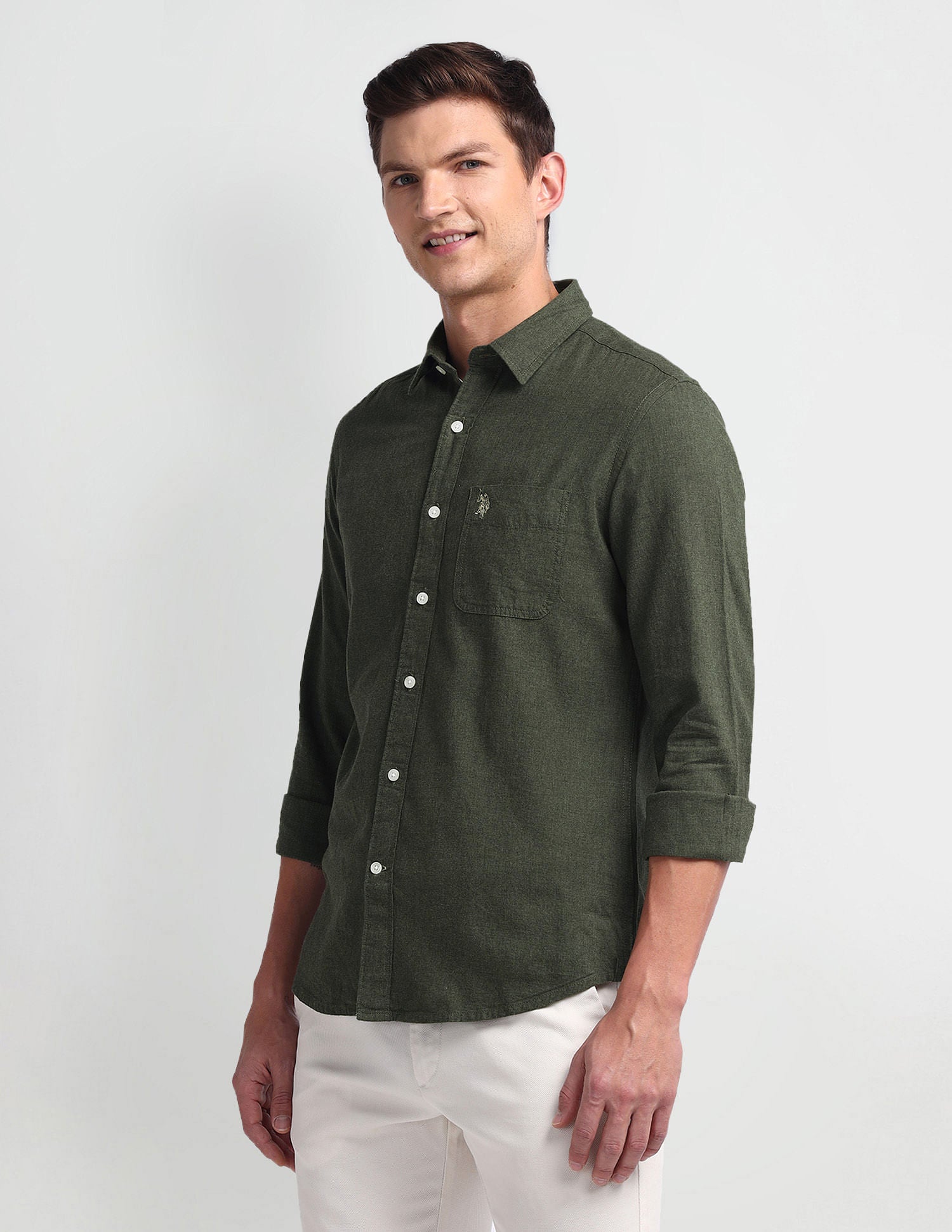 Semi Cutaway Collar Slim Fit Shirt Olive - U.S. Polo Assn. India | Large