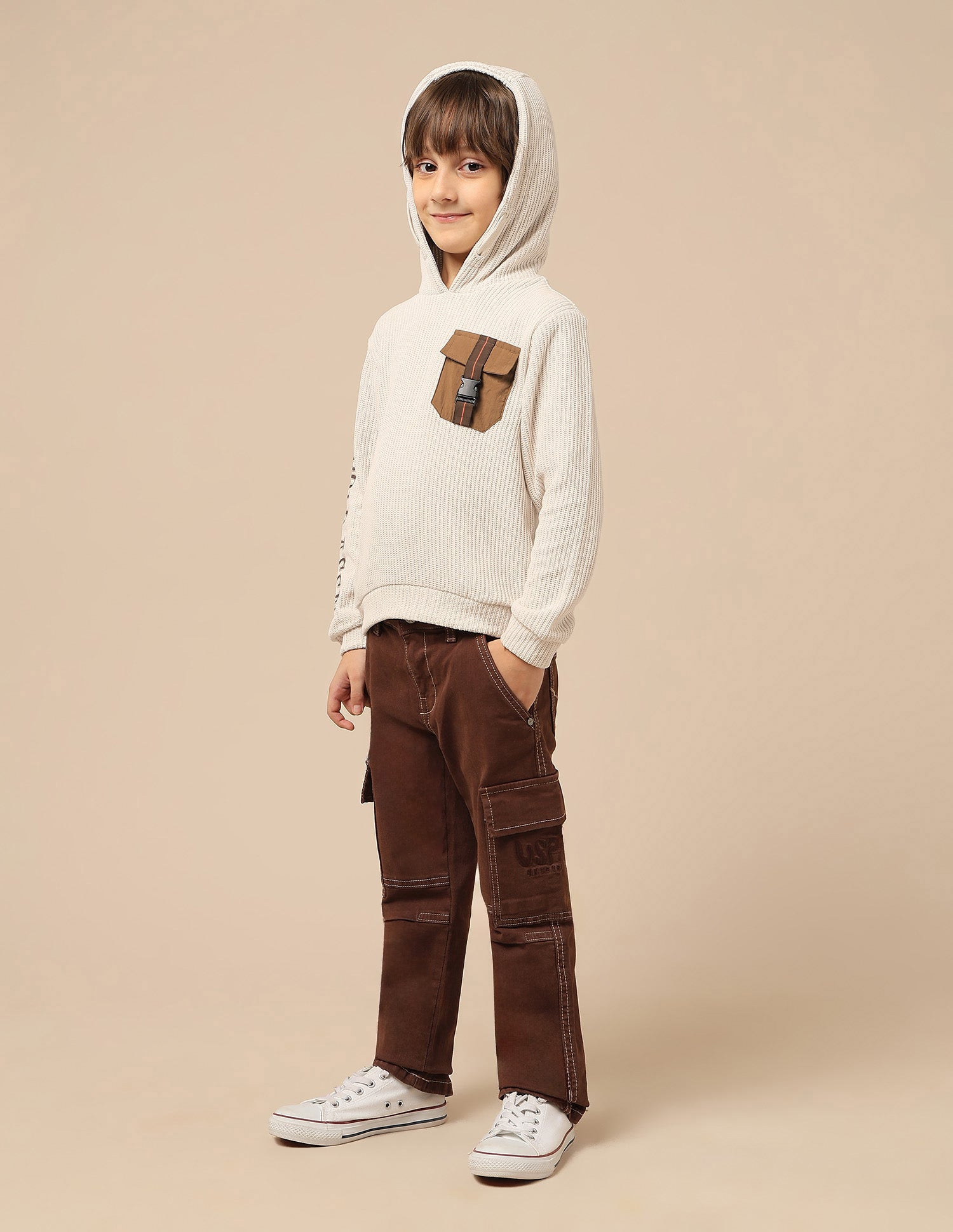 Boys Brand Embroidered Hooded Sweatshirt Ecru - U.S. POLO ASSN. | Large