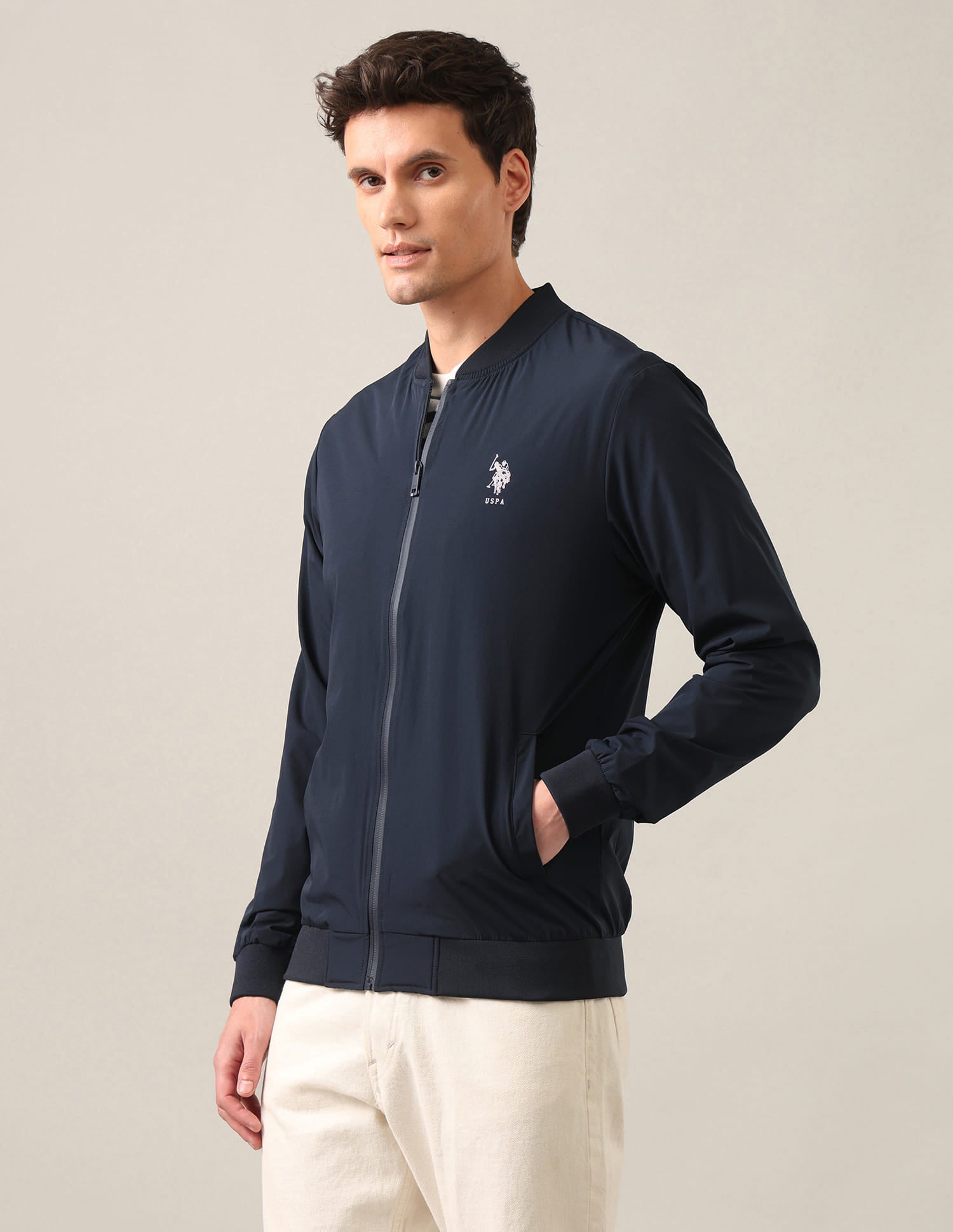 Solid Stand Collar Bomber Jacket Navy - U.S. Polo Assn. India | Large