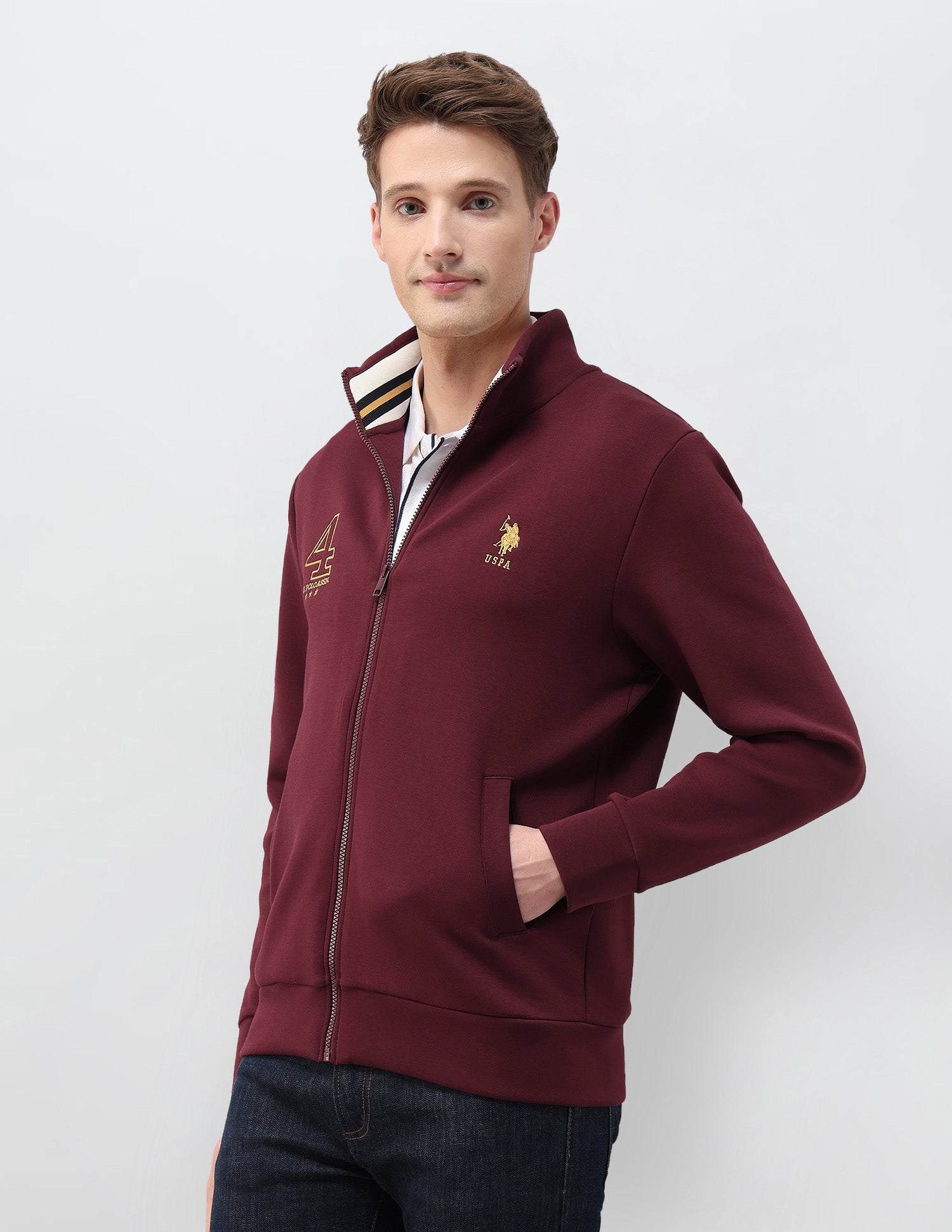 Numeric Brand Embroidered Zipper Sweatshirt Maroon - U.S. POLO ASSN. | Large