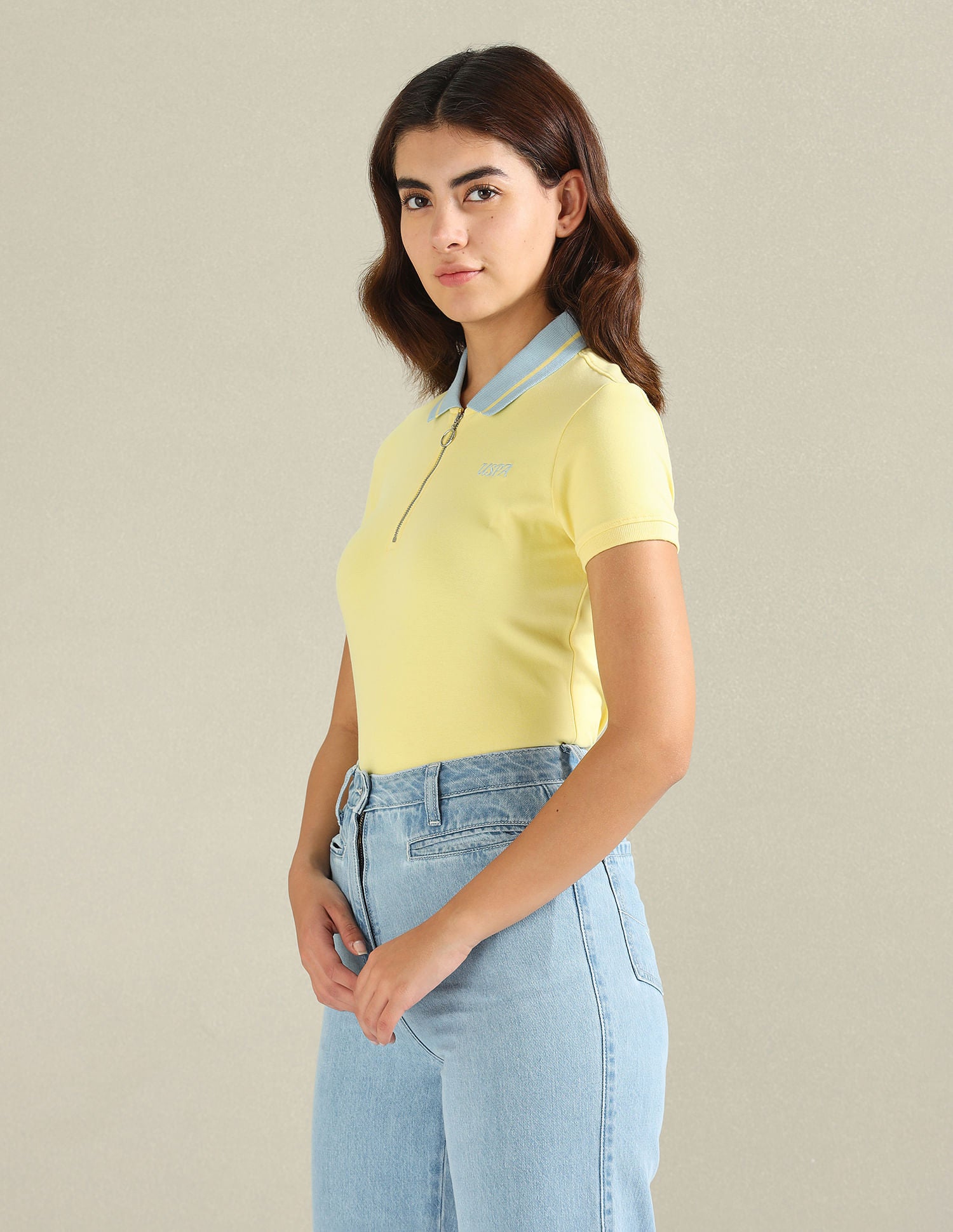 Striped Collar Zipper Polo Shirt Light Yellow - U.S. POLO ASSN. | Large