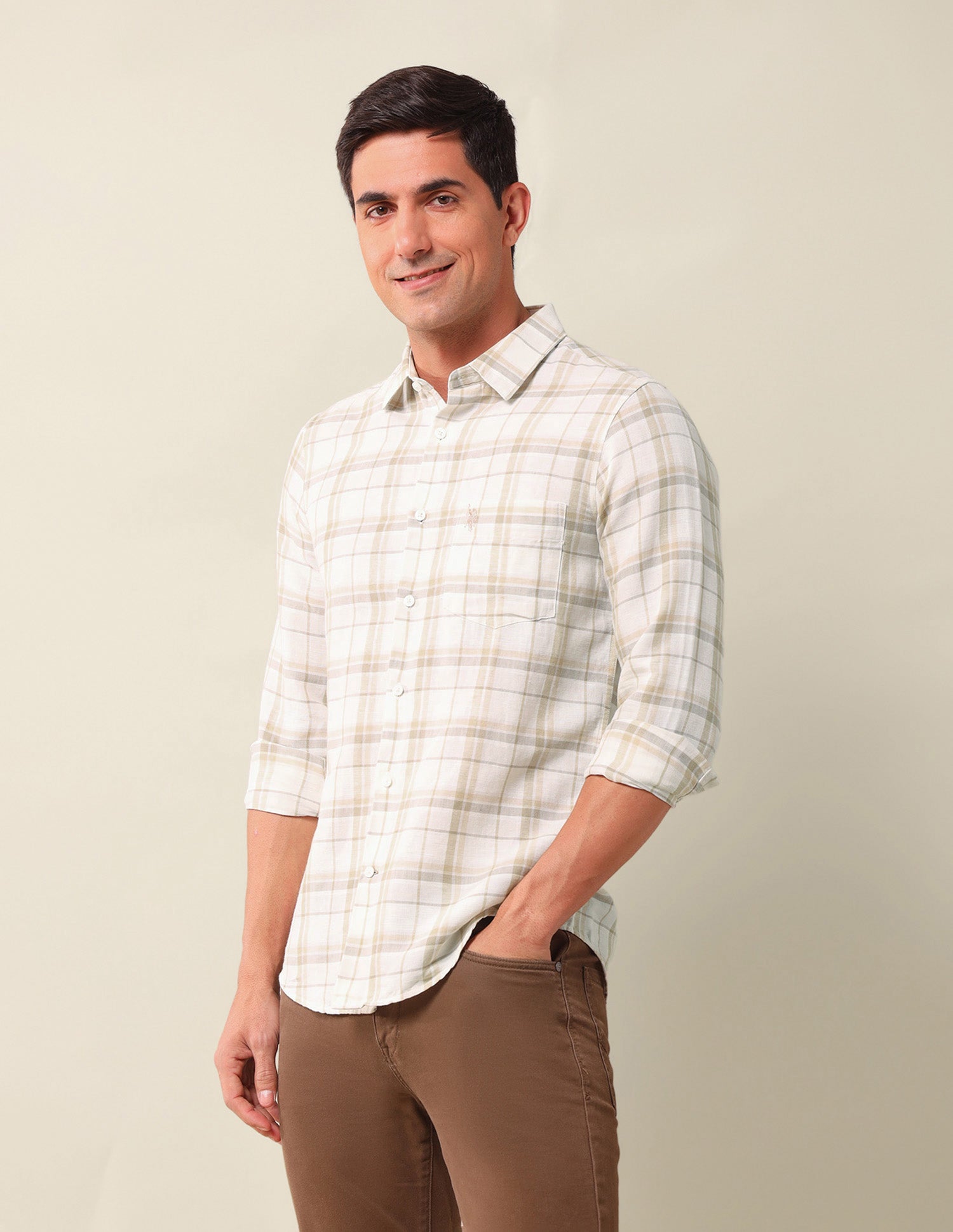Plaid Checked Tailored Fit Shirt Beige - U.S. Polo Assn. India | Large