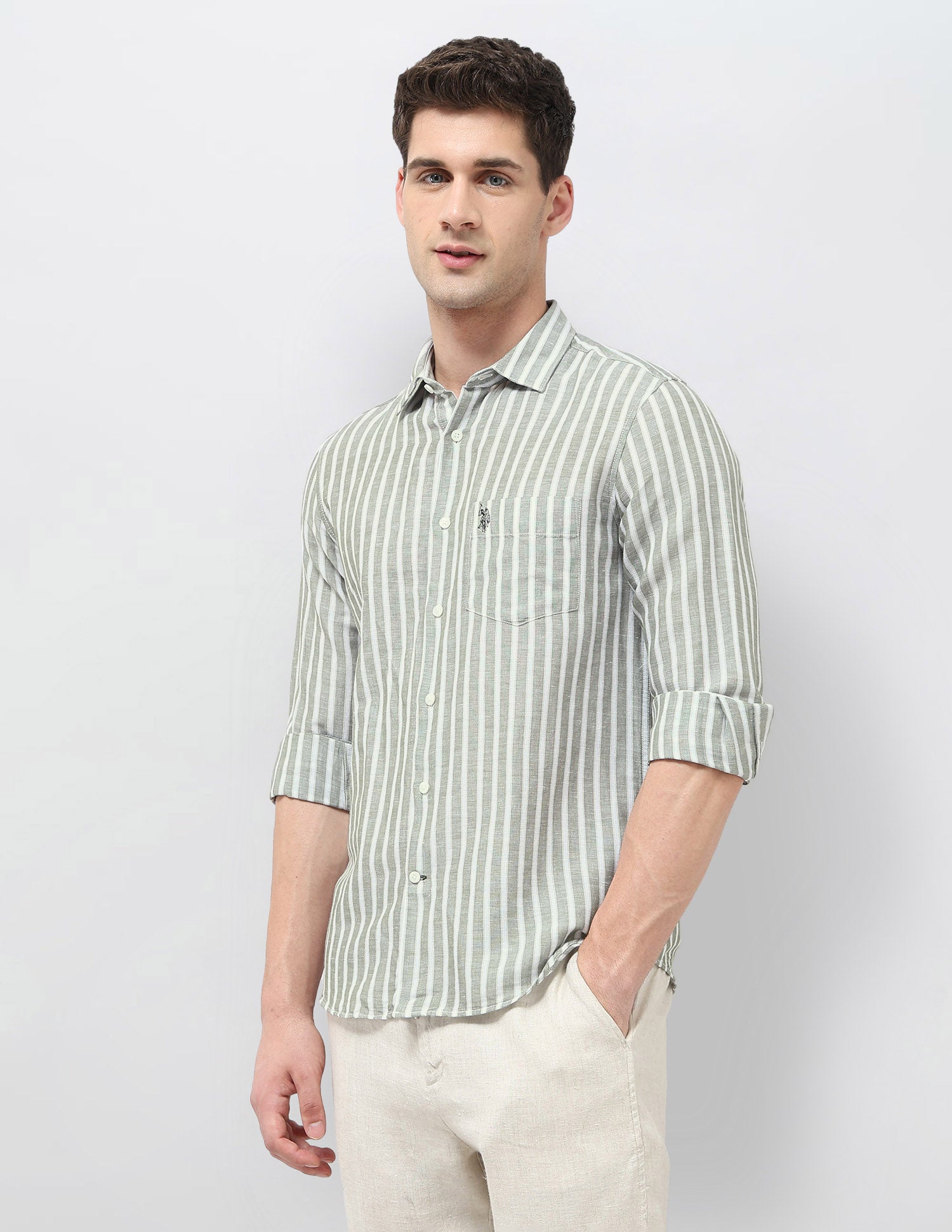 Vertical Striped Tailored Fit Shirt Light Green - U.S. POLO ASSN. | Large