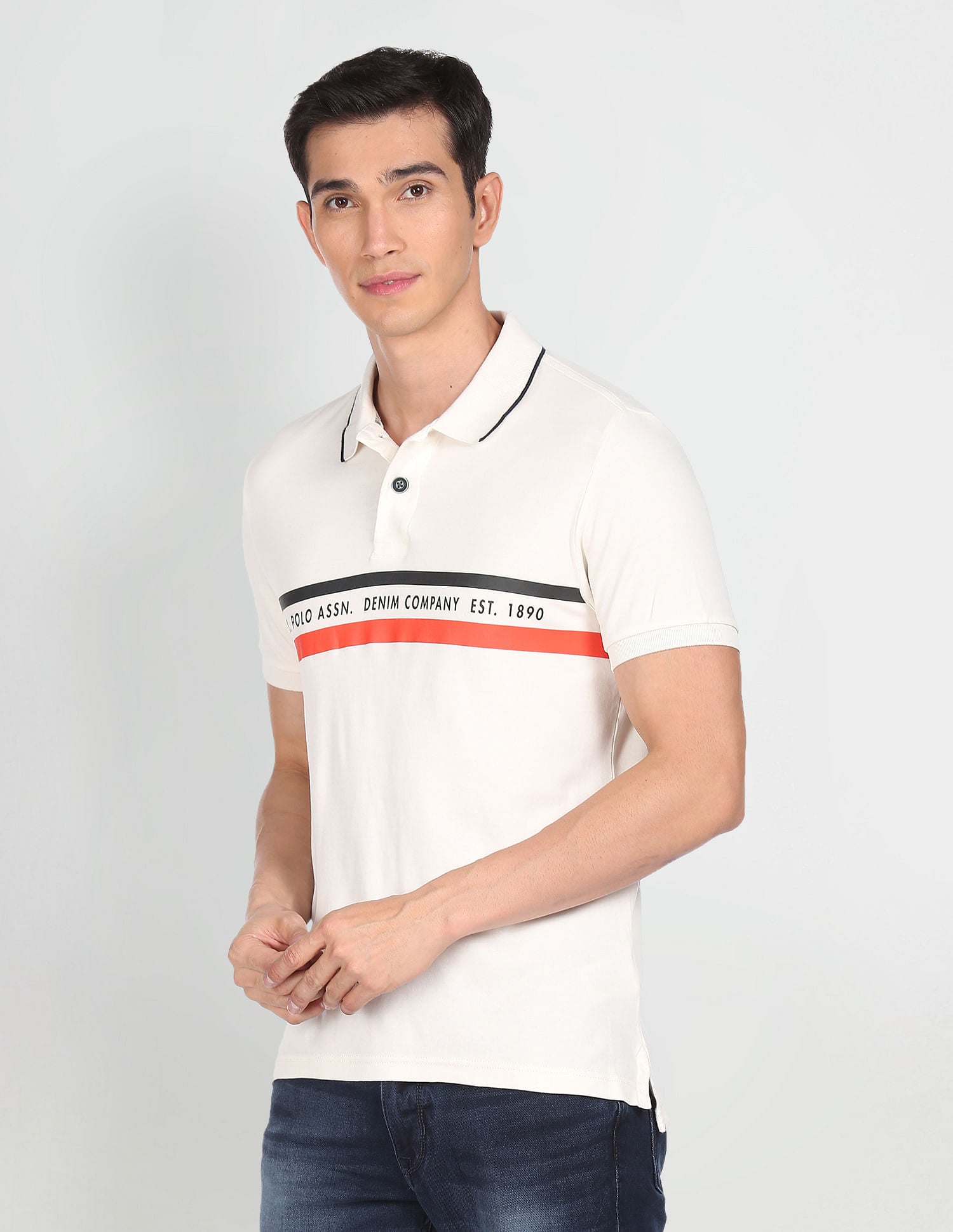 Men White Tipped Collar Brand Print Polo Shirt White - U.S. Polo Assn. India | Large