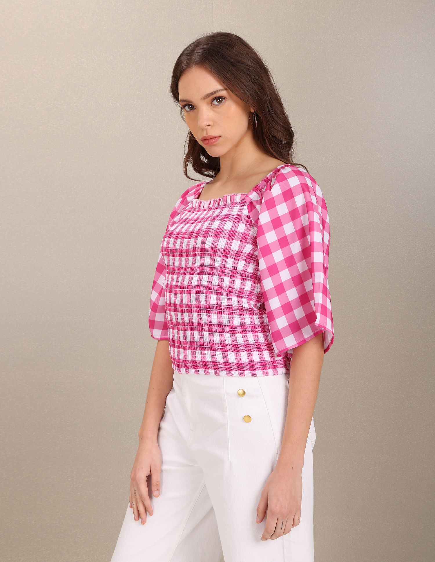 Square Neck Gingham Check Smocked Top Fuchsia - U.S. POLO ASSN. | Large
