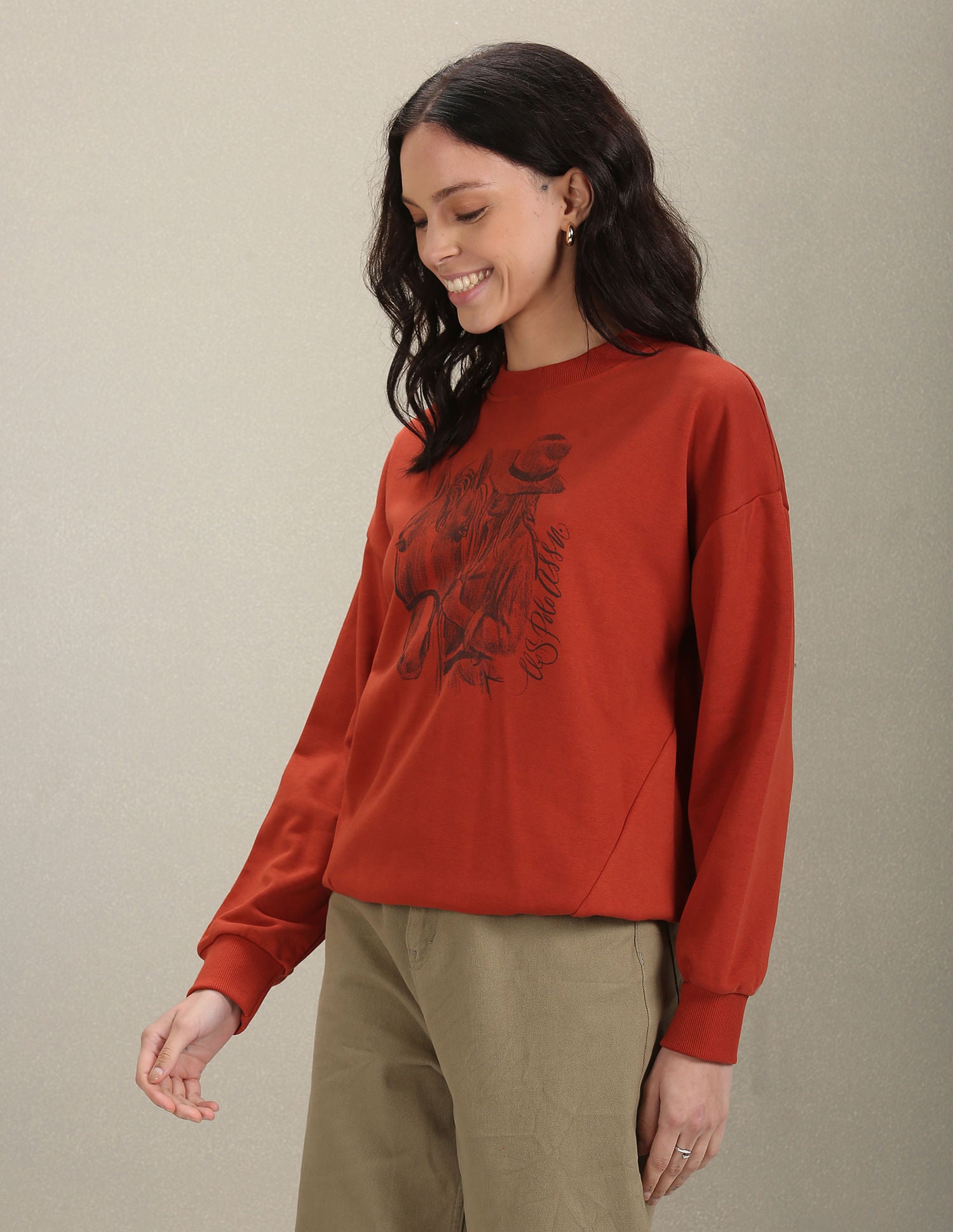 Crew Neck Graphic Print Sweatshirt Light Brown - U.S. POLO ASSN. | Large