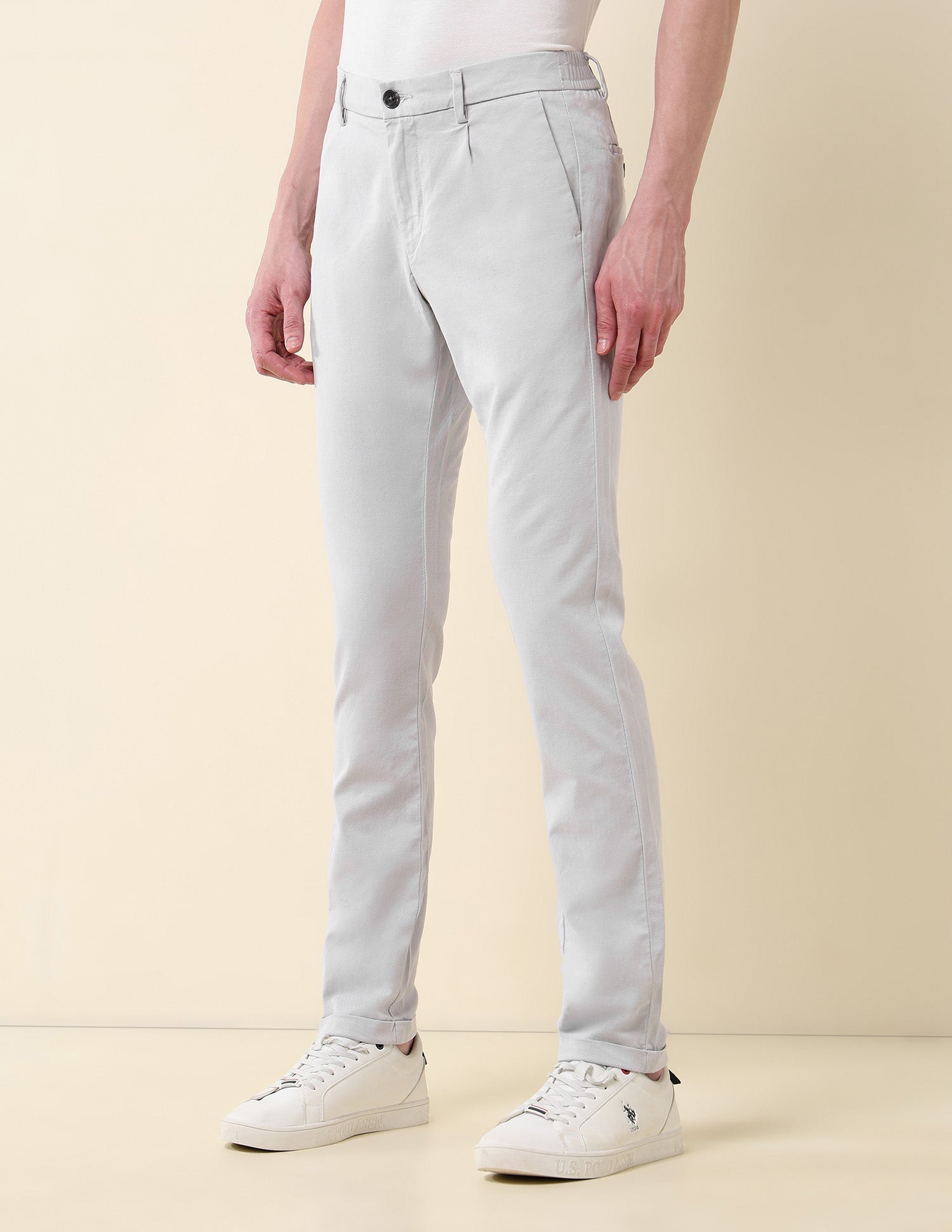 Solid Denver Slim Fit Twill Trousers Light Grey - U.S. Polo Assn. India | Large