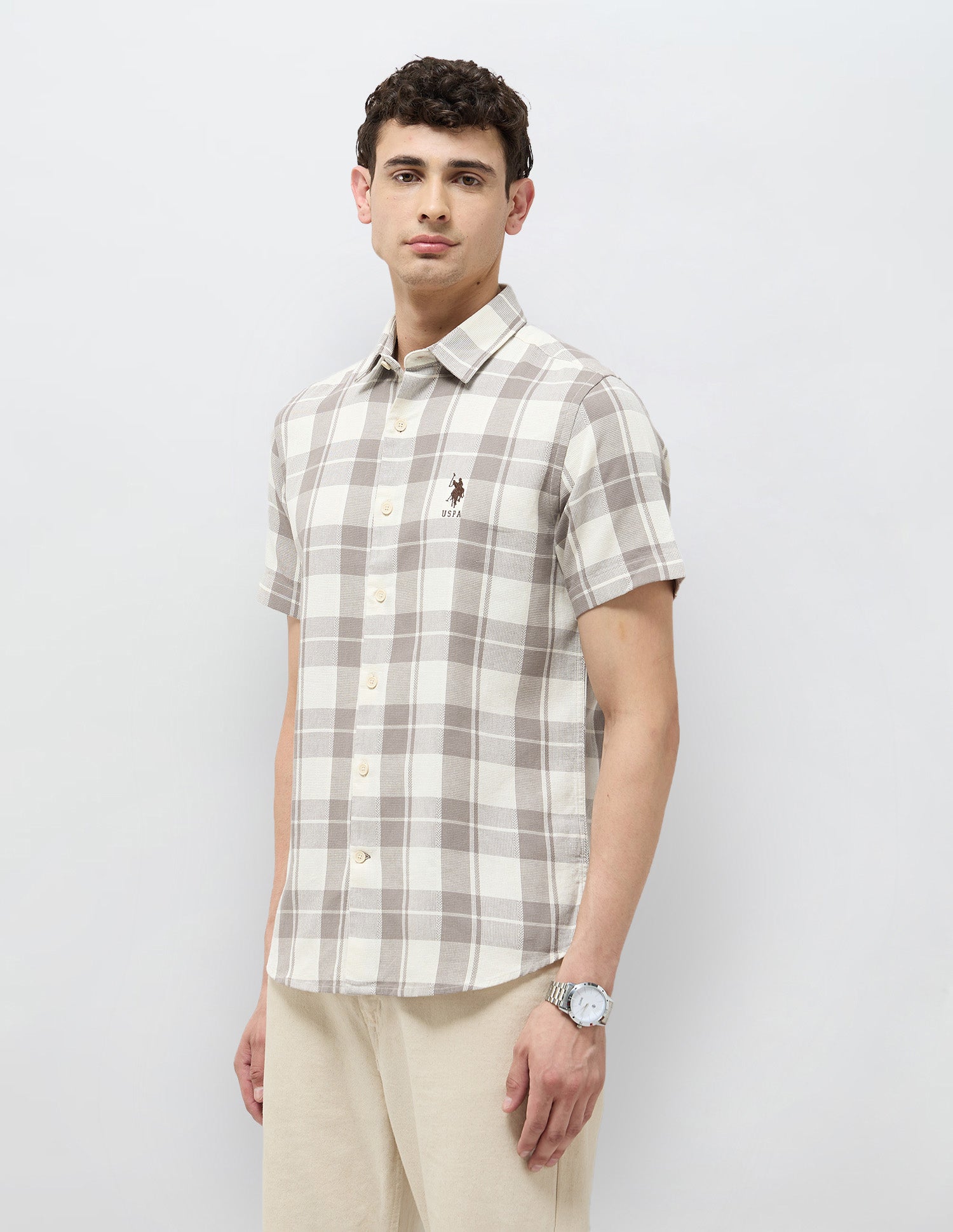 Regular Fit Textured With Tartan Checked Shirt Brown - U.S. POLO ASSN. | Large