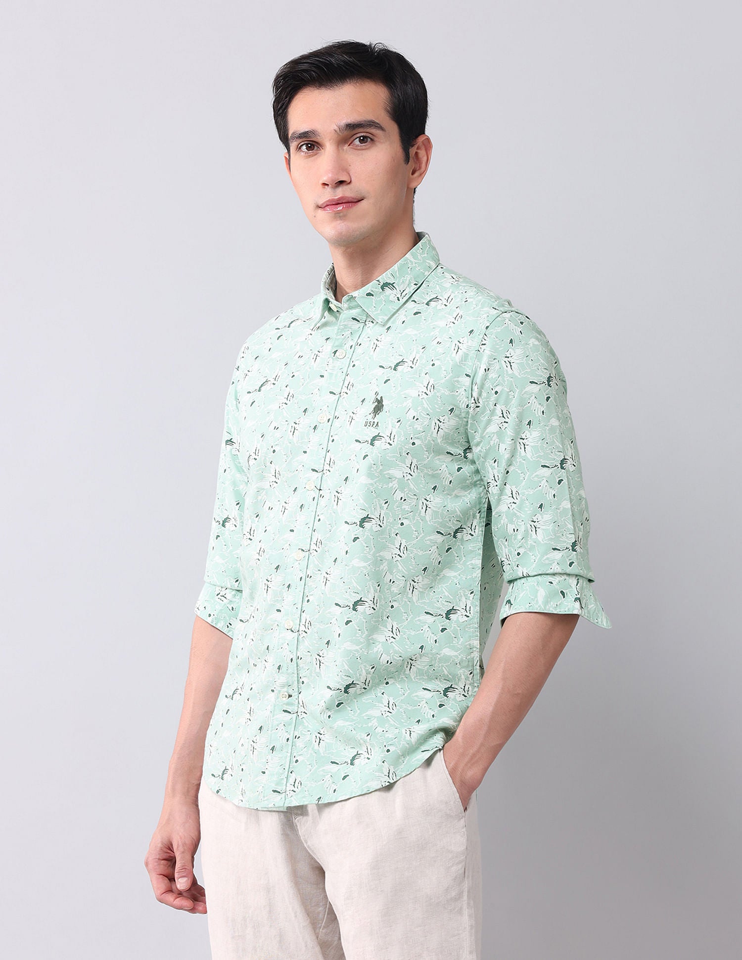 Regular Fit Dobby Printed Shirt Light Olive - U.S. POLO ASSN. | Large