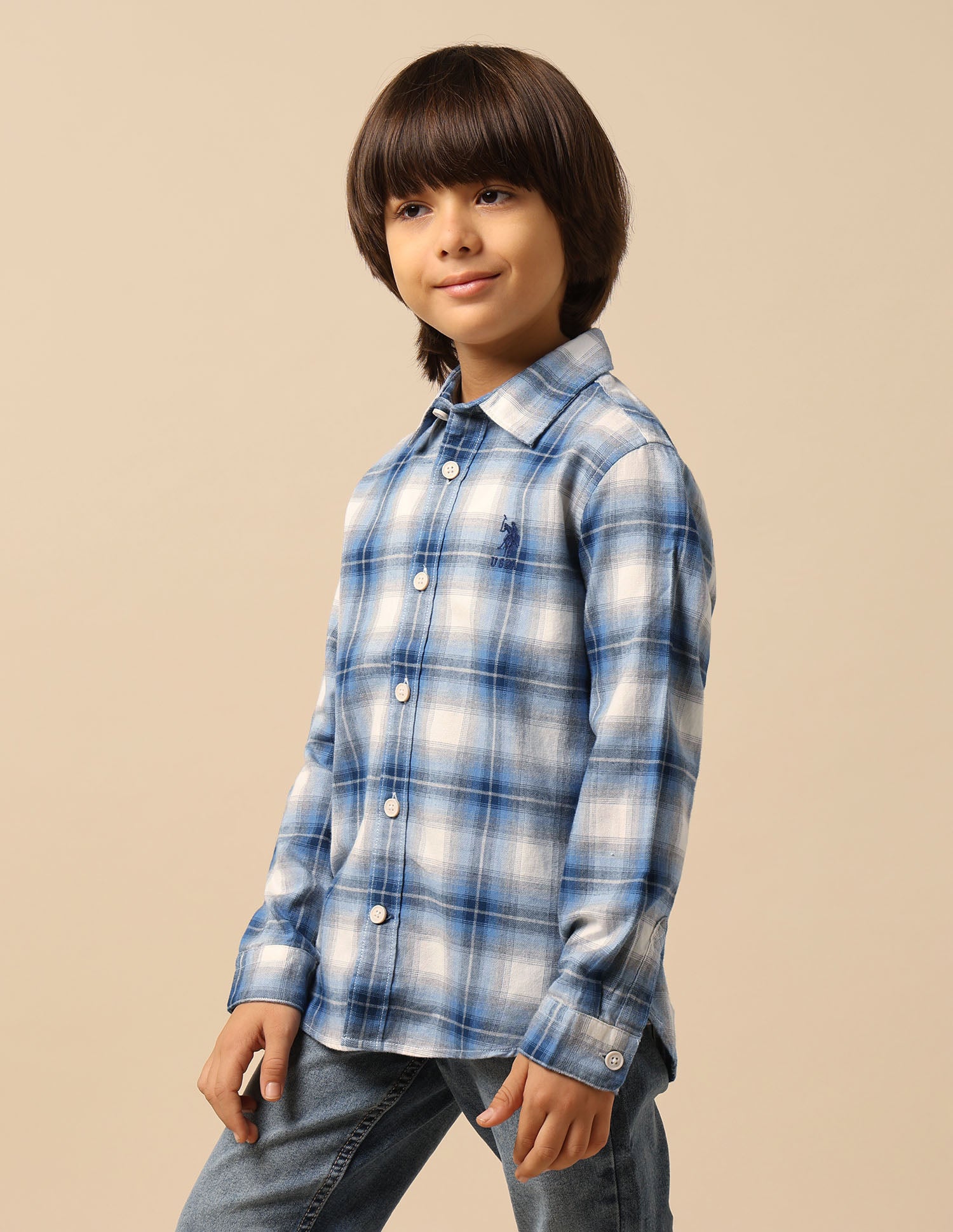 Boys Tartan Checked Twill Shirt Light Blue - U.S. POLO ASSN. | Large