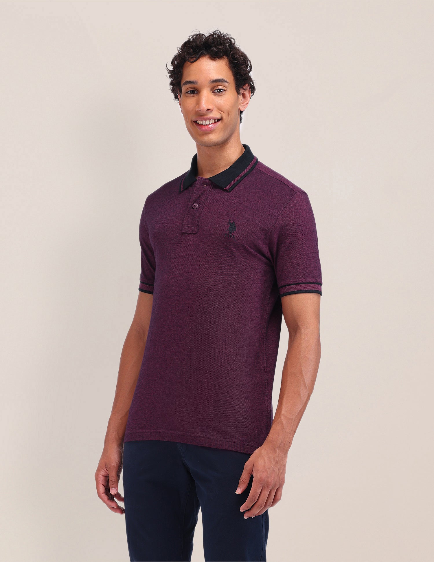 Textured Cotton Polo Shirt Purple - U.S. Polo Assn. India | Large